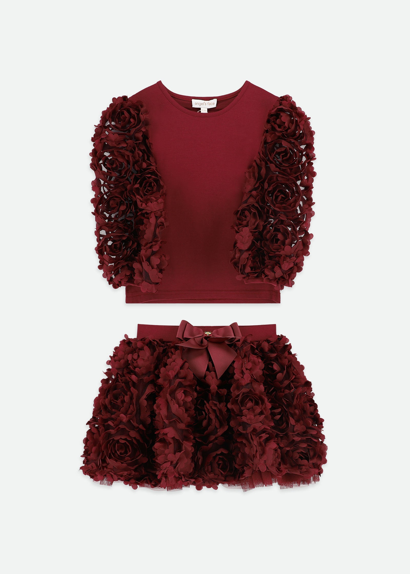 Khaila 3D Tulle Top and Skirt Set Burgundy