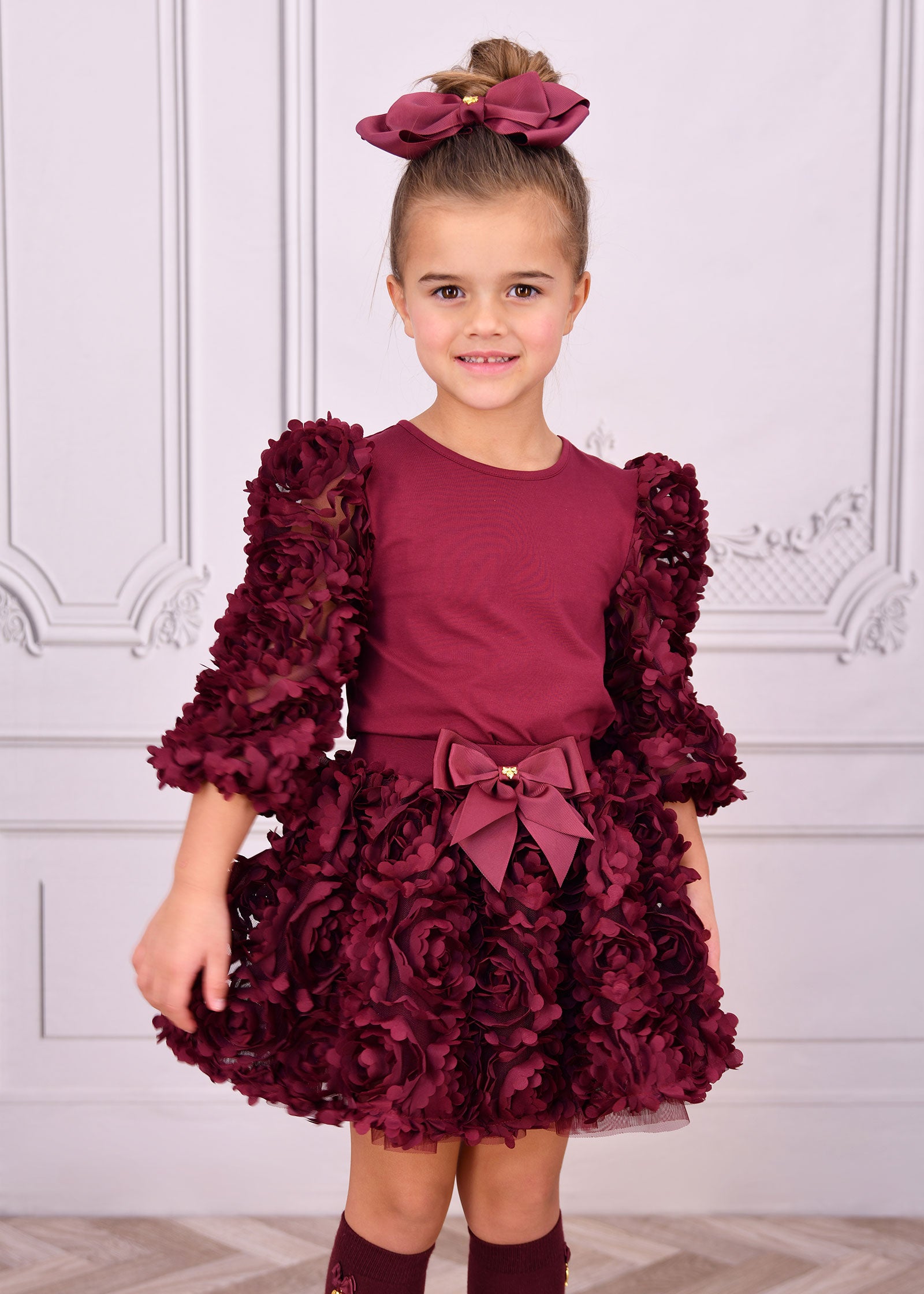 Khaila 3D Tulle Top and Skirt Set Burgundy
