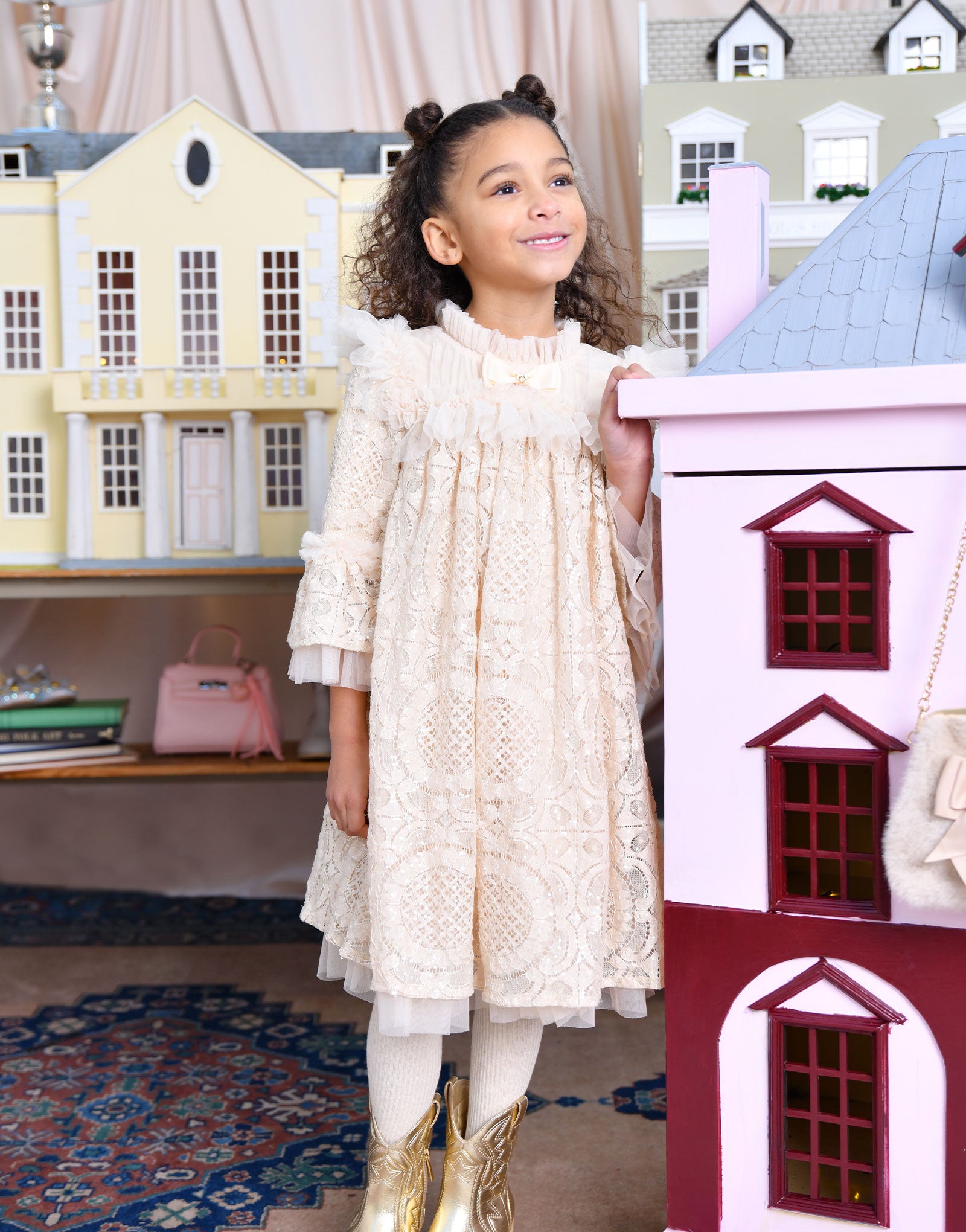 Kristi L/S Sequin Lace Dress Biscuit