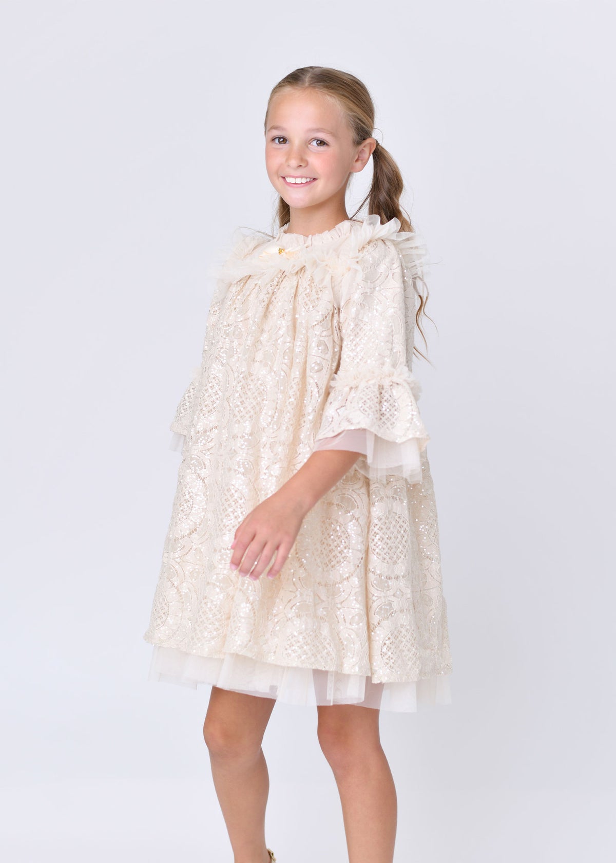Kristi L/S Sequin Lace Dress Biscuit