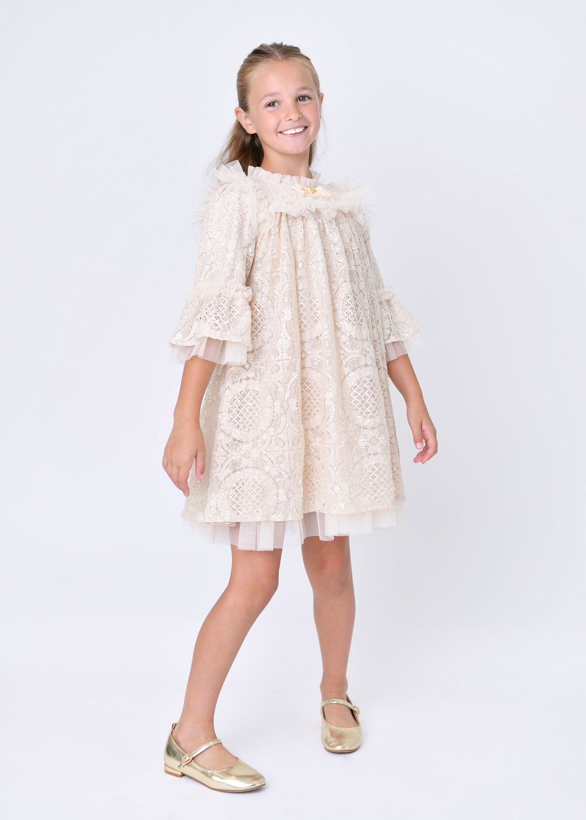 Kristi L/S Sequin Lace Dress Biscuit