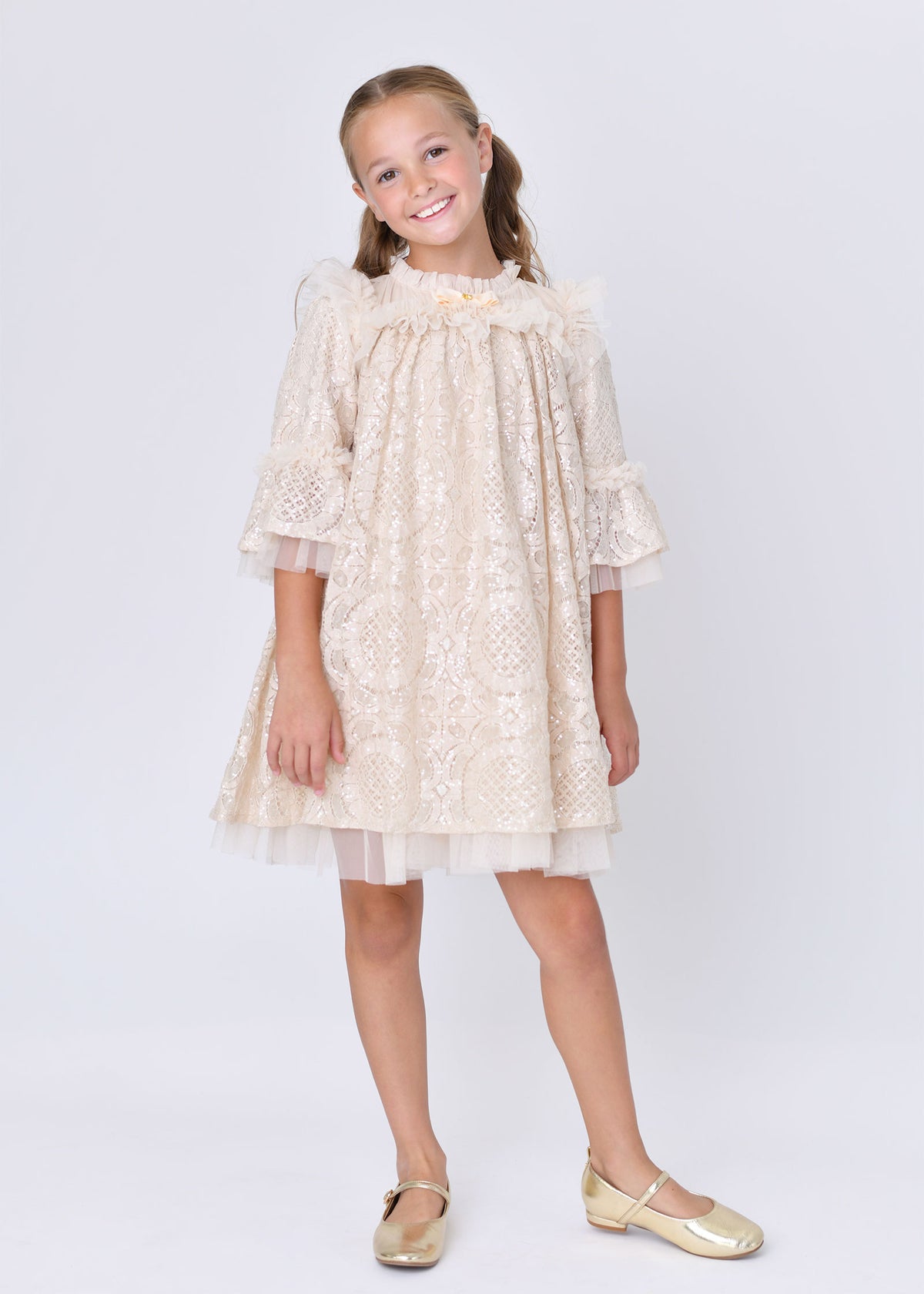 Kristi L/S Sequin Lace Dress Biscuit