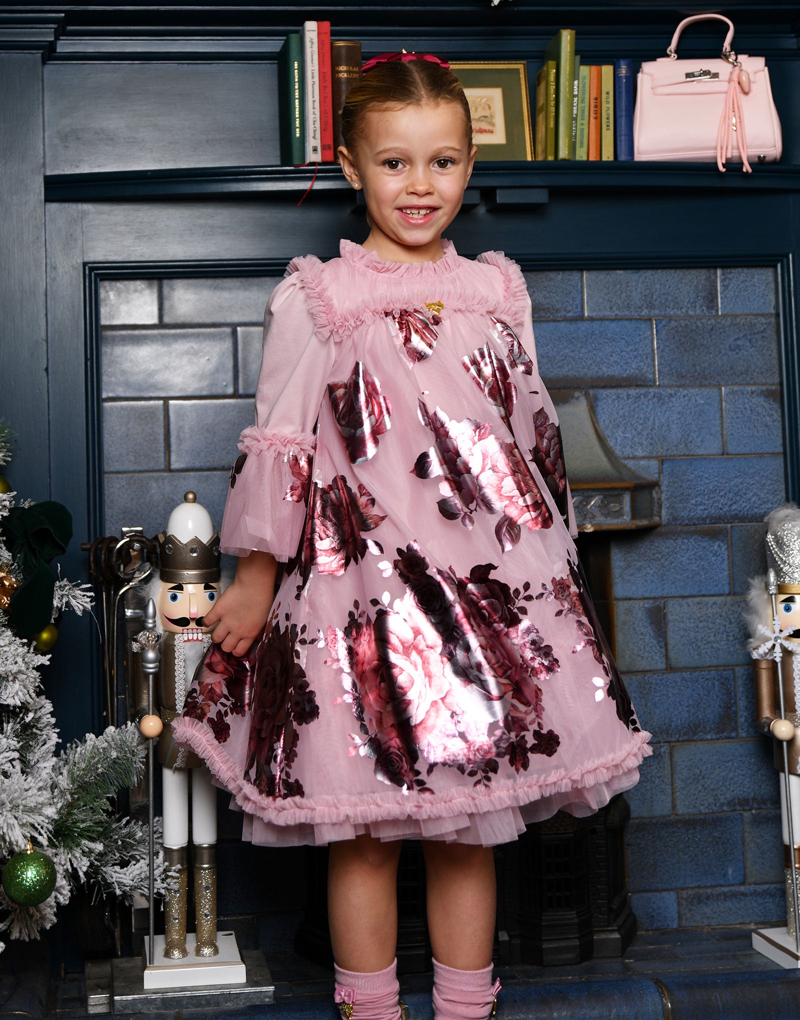 Kristi Foil Border Print Dress Vintage Rose