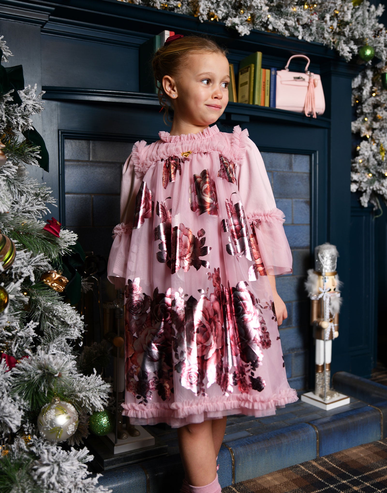 Kristi Foil Border Print Dress Vintage Rose