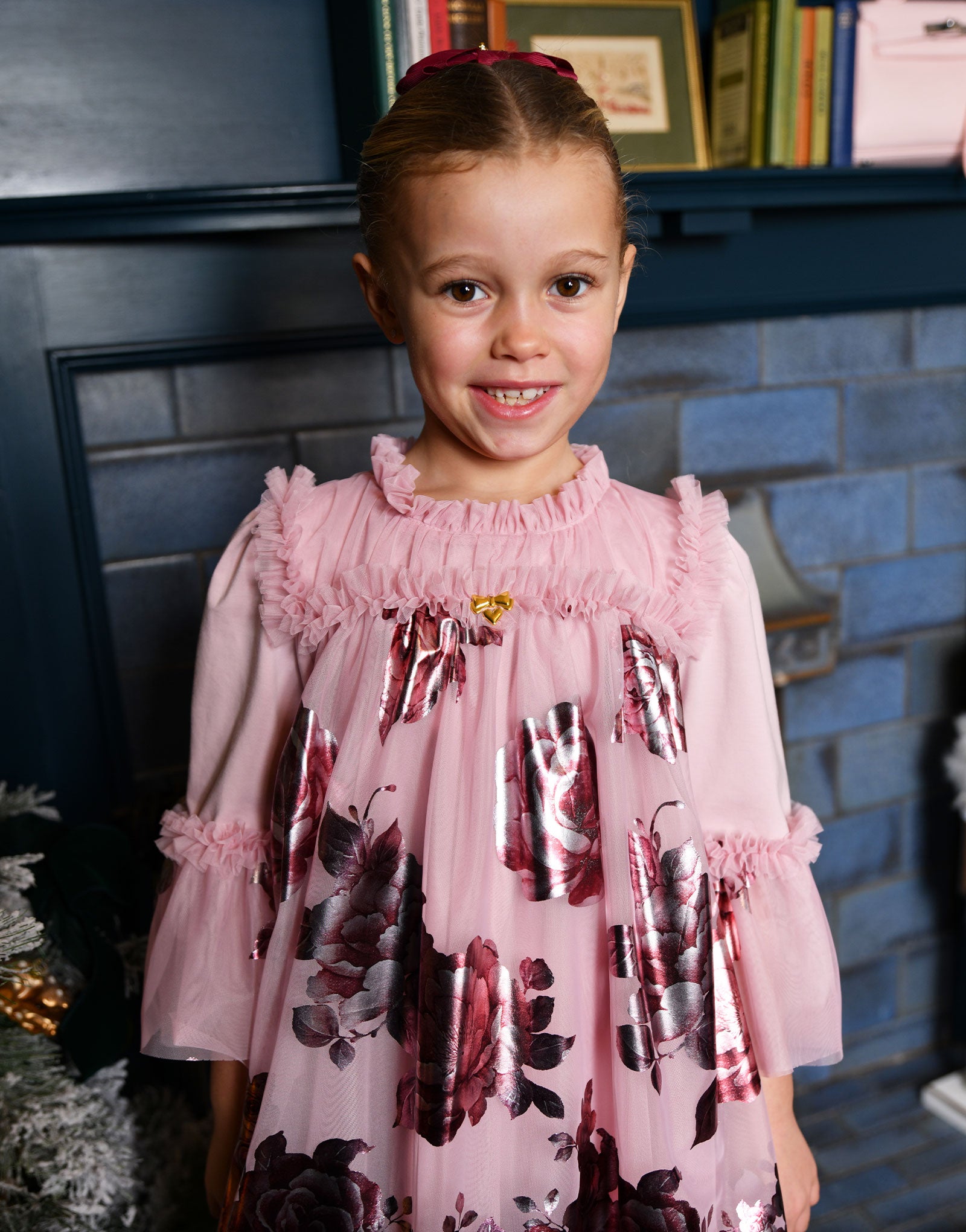 Kristi Foil Border Print Dress Vintage Rose
