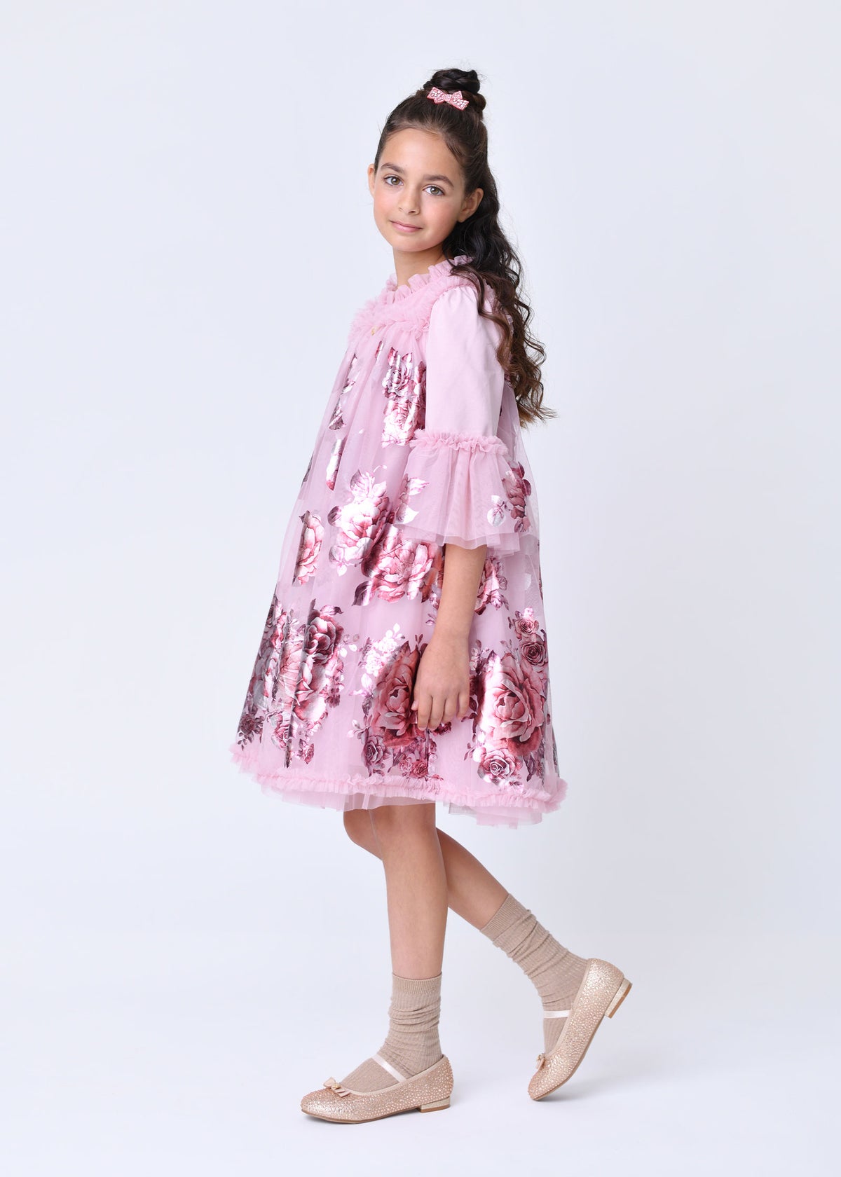 Kristi Foil Border Print Dress Vintage Rose