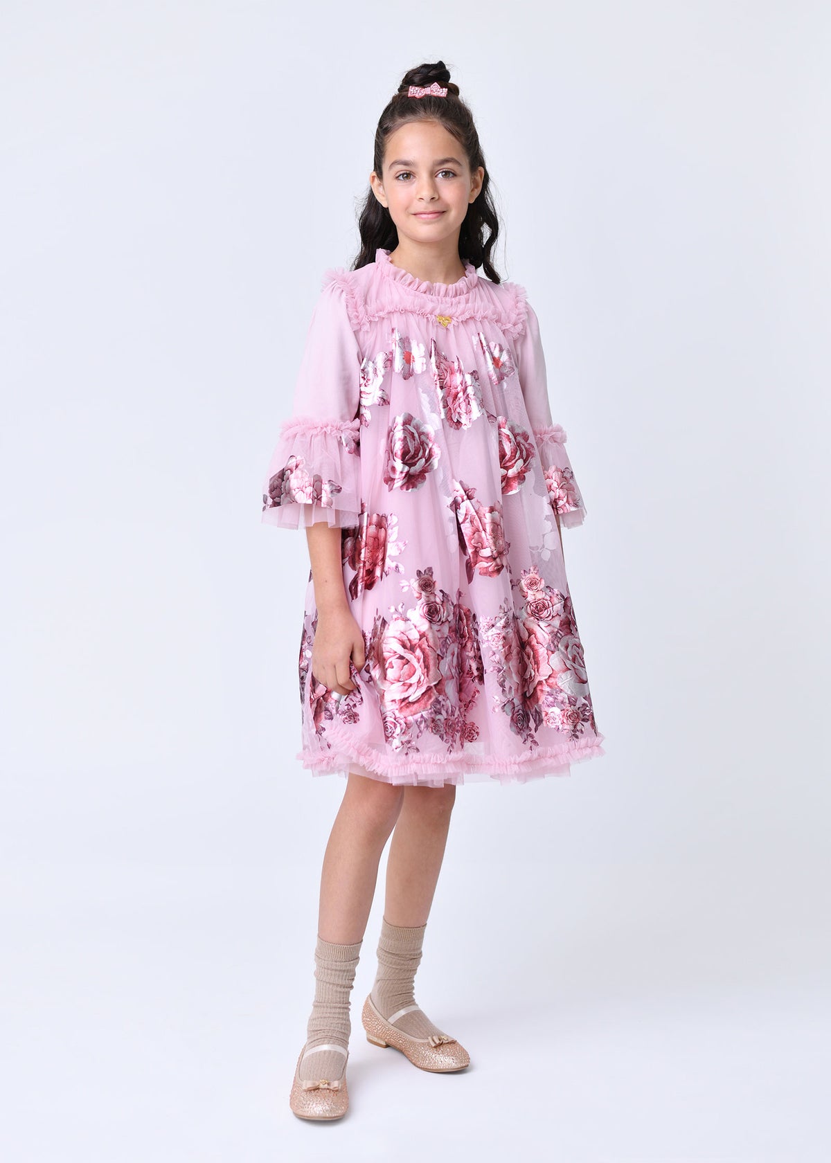 Kristi Foil Border Print Dress Vintage Rose