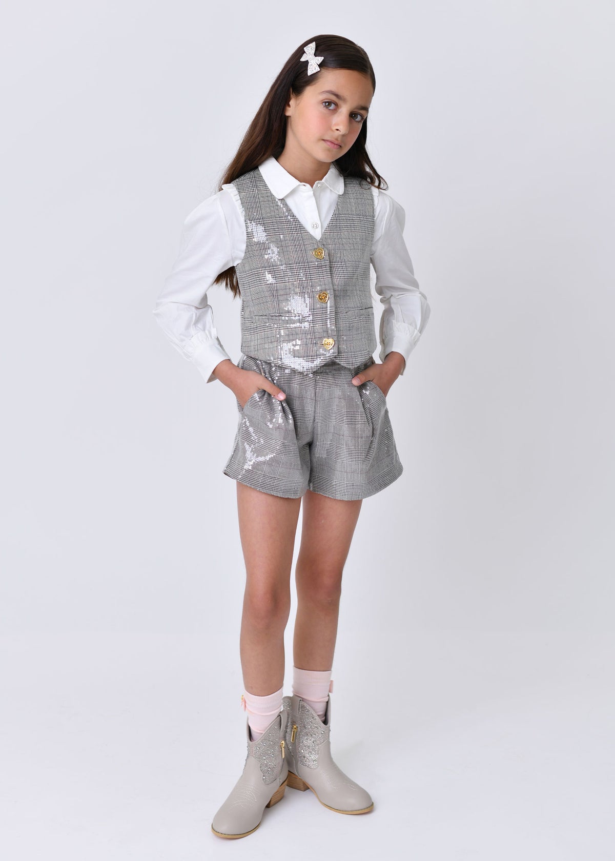 Laetitia Check Sequin Shorts Grey