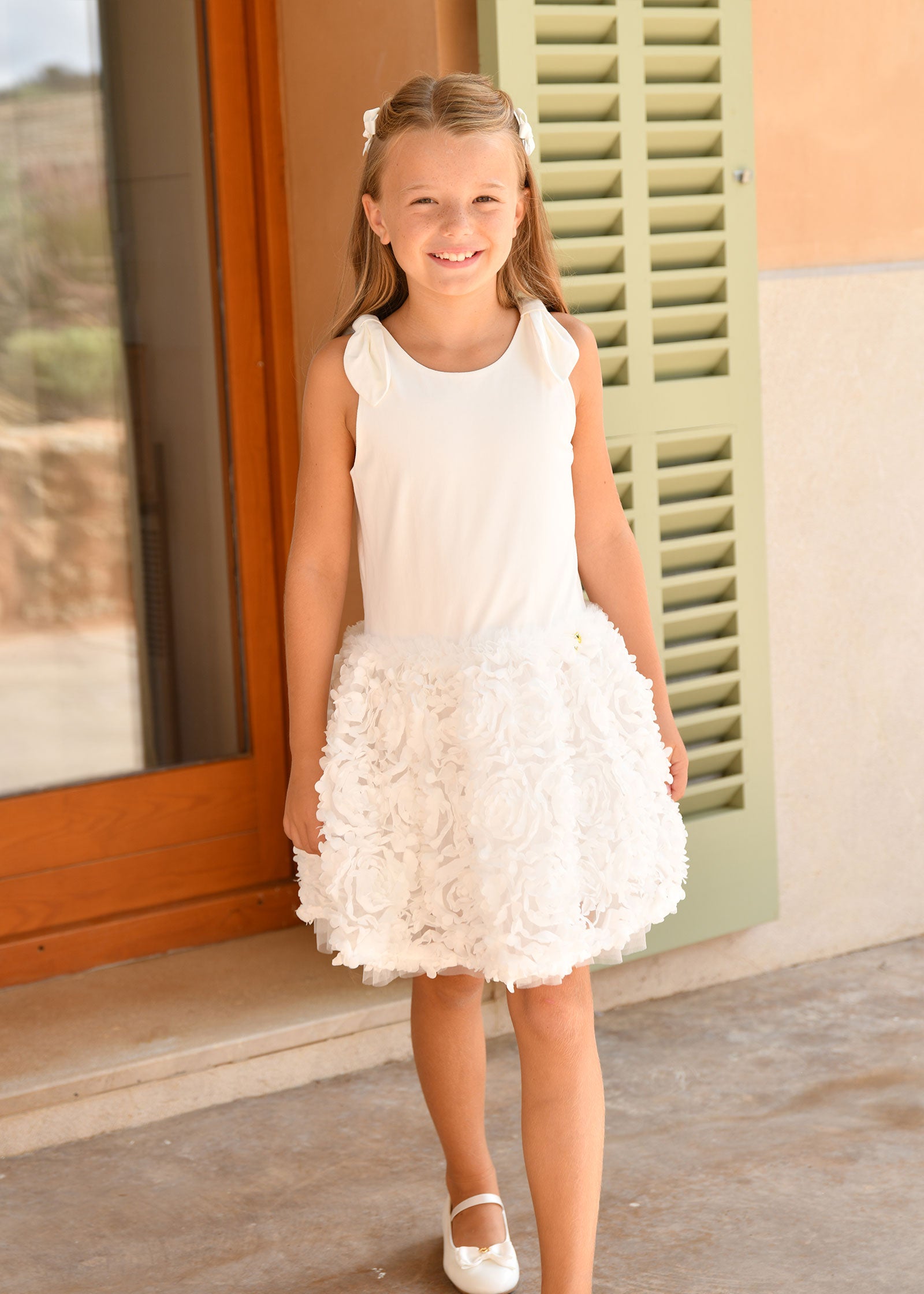 Lauren Drop Waist 3D Flower Dress Snowdrop