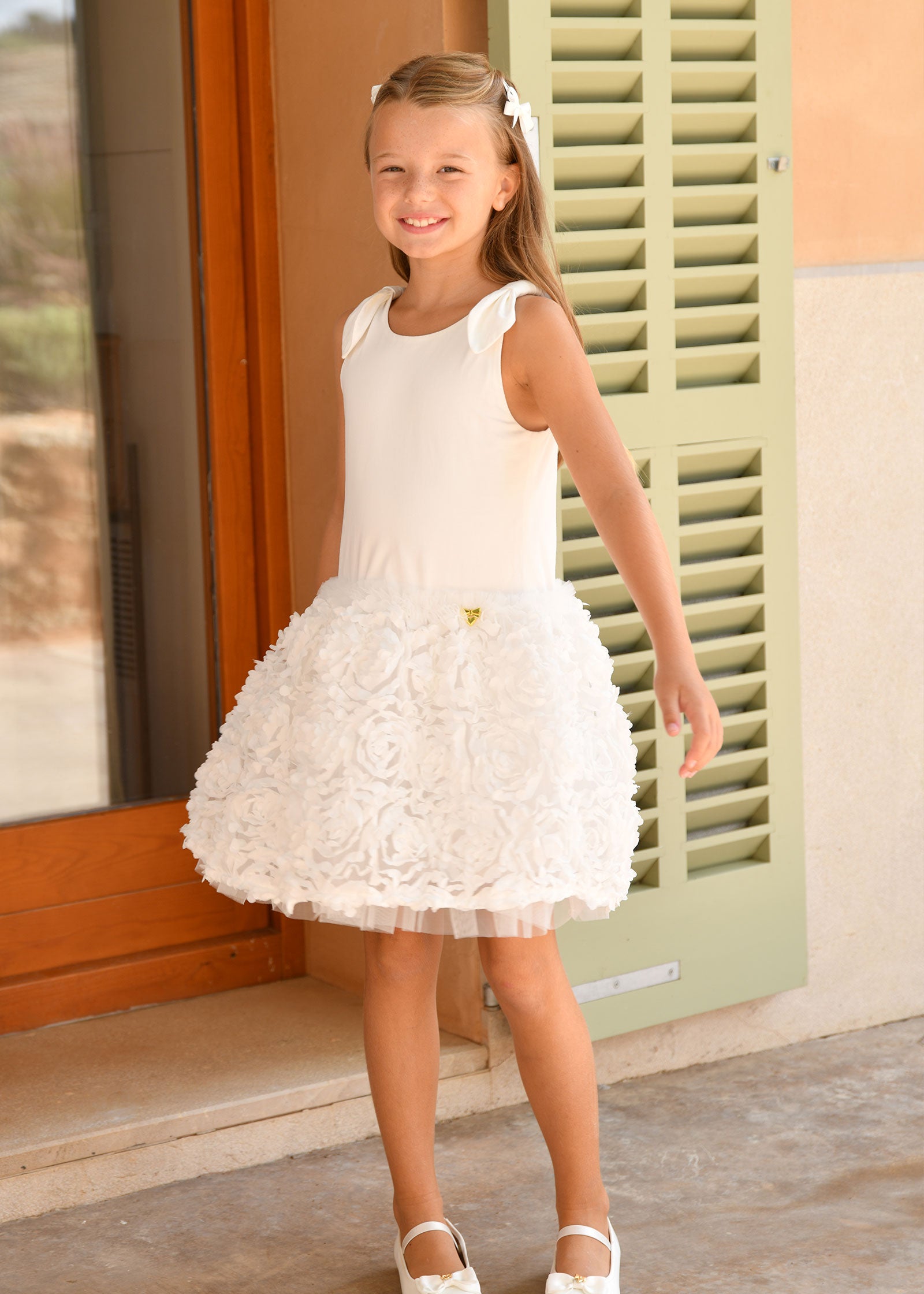 Lauren Drop Waist 3D Flower Dress Snowdrop