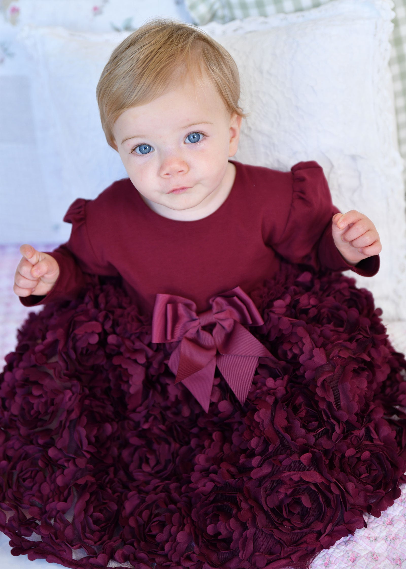 Lively Baby 3D Roses Dress Burgundy
