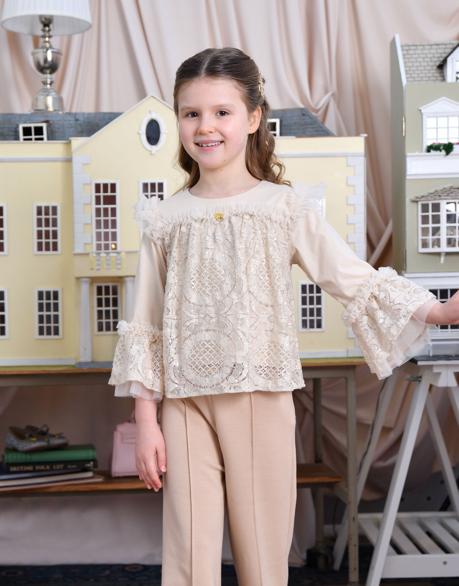 Lulu L/S Sequin Lace Top Biscuit