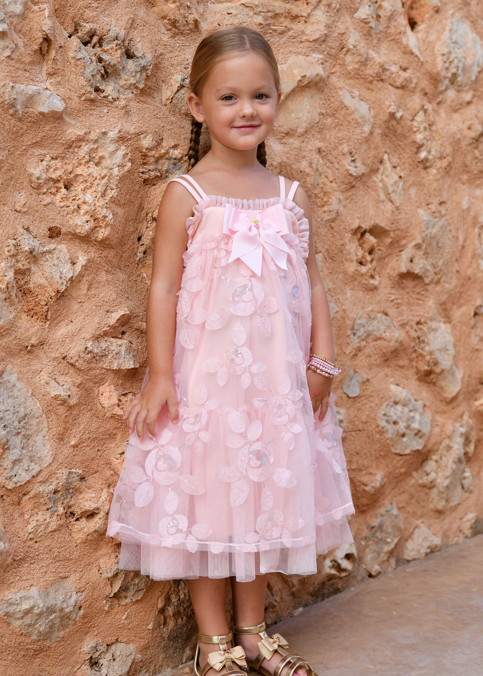 Lydia Embroidered 3D Bud Strappy Dress Peach