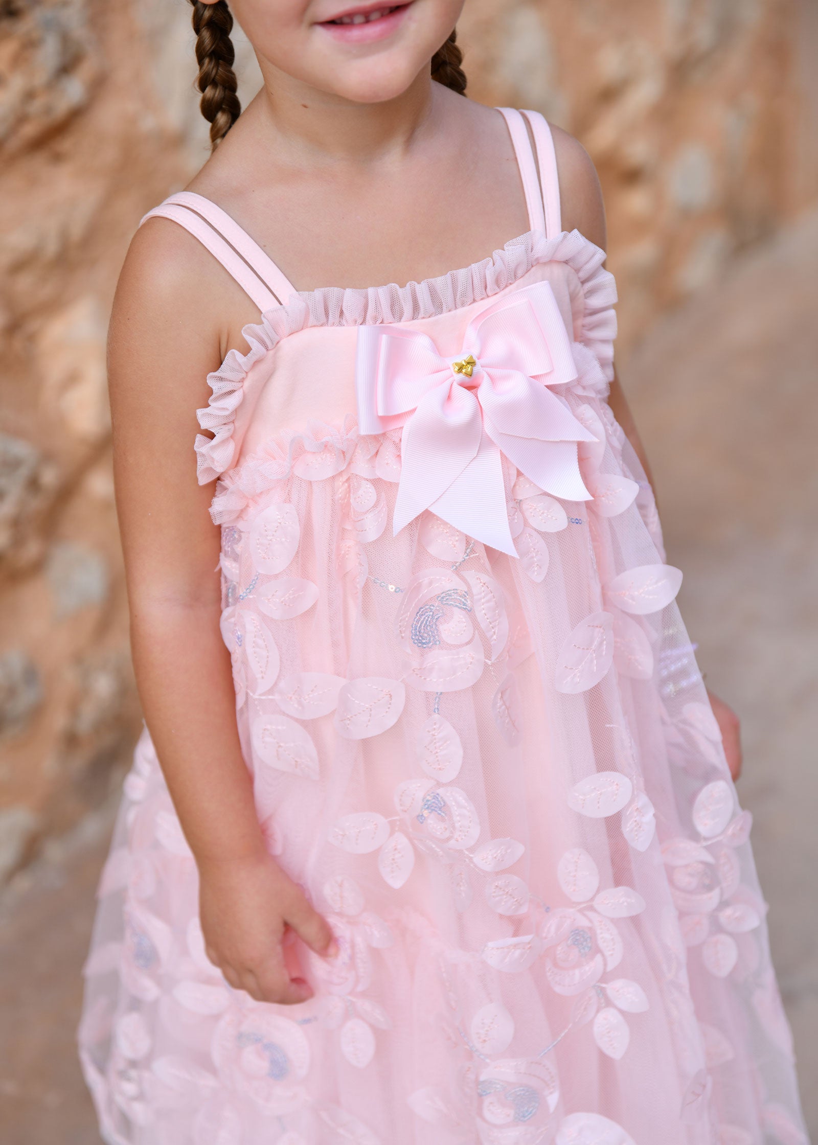 Lydia Embroidered 3D Bud Strappy Dress Peach