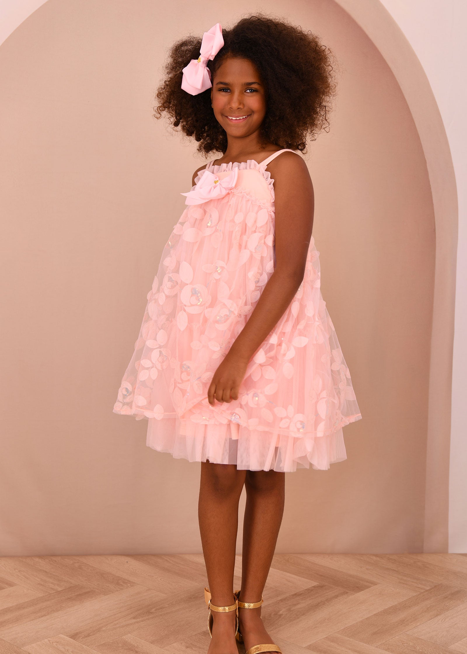 Lydia Embroidered 3D Bud Strappy Dress Peach