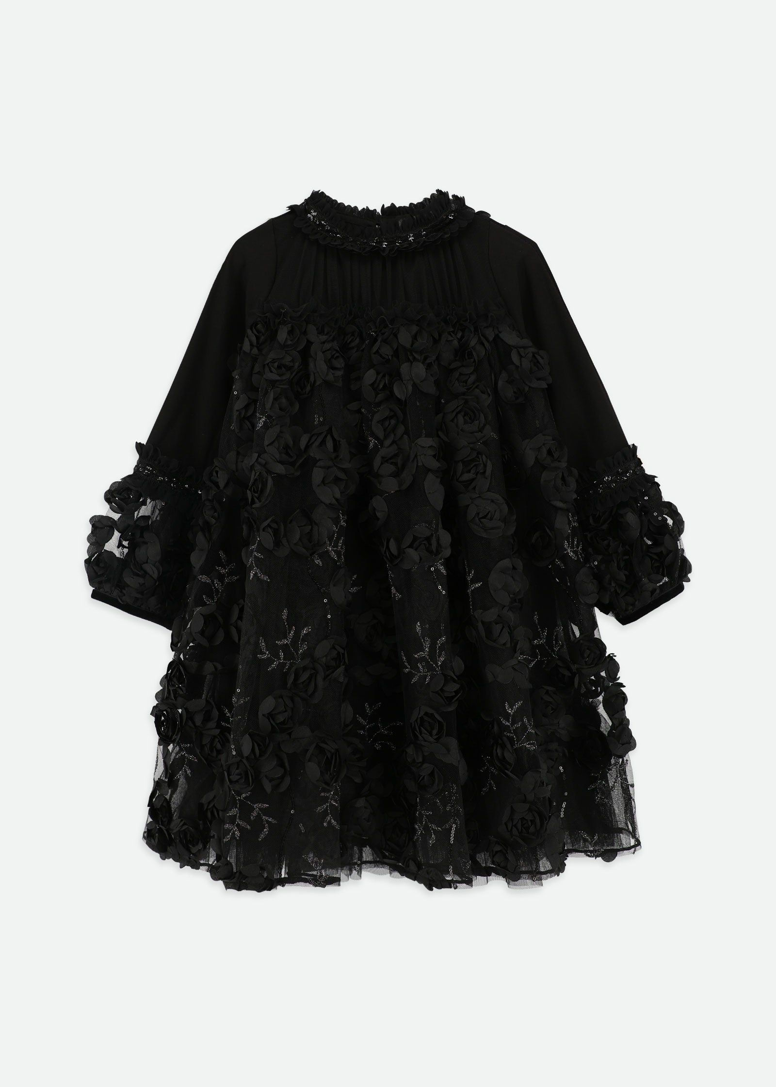 Margot Sequin Trim And 3D Flower L/S Dress Black