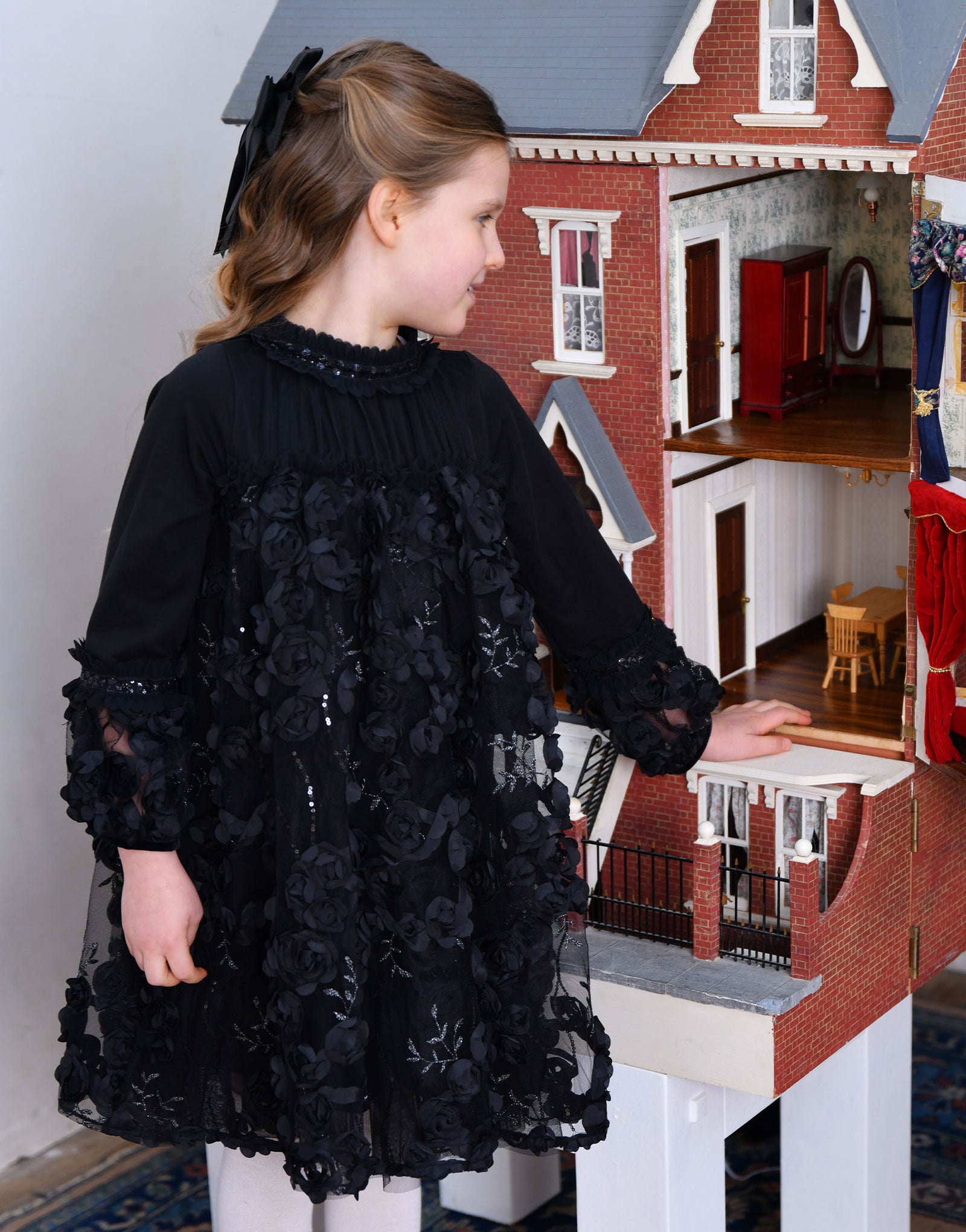 Margot Sequin Trim And 3D Flower L/S Dress Black
