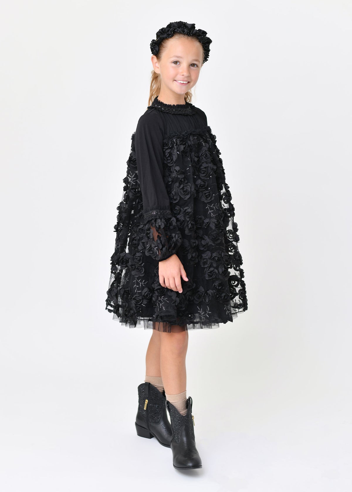 Margot Sequin Trim And 3D Flower L/S Dress Black