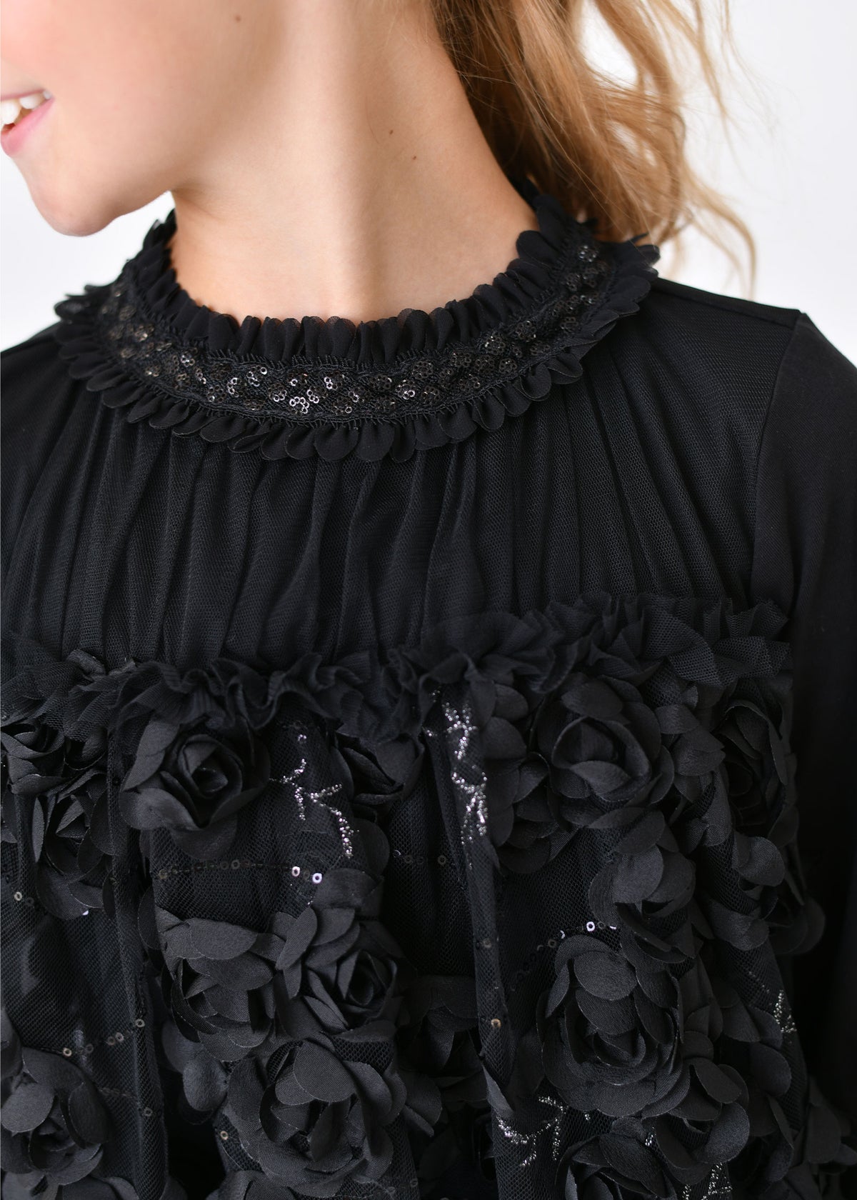 Margot Sequin Trim And 3D Flower L/S Dress Black