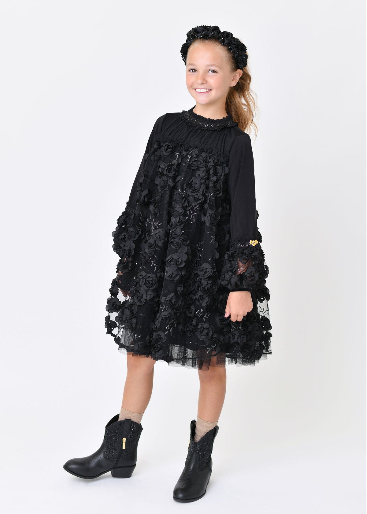 Margot Sequin Trim And 3D Flower L/S Dress Black