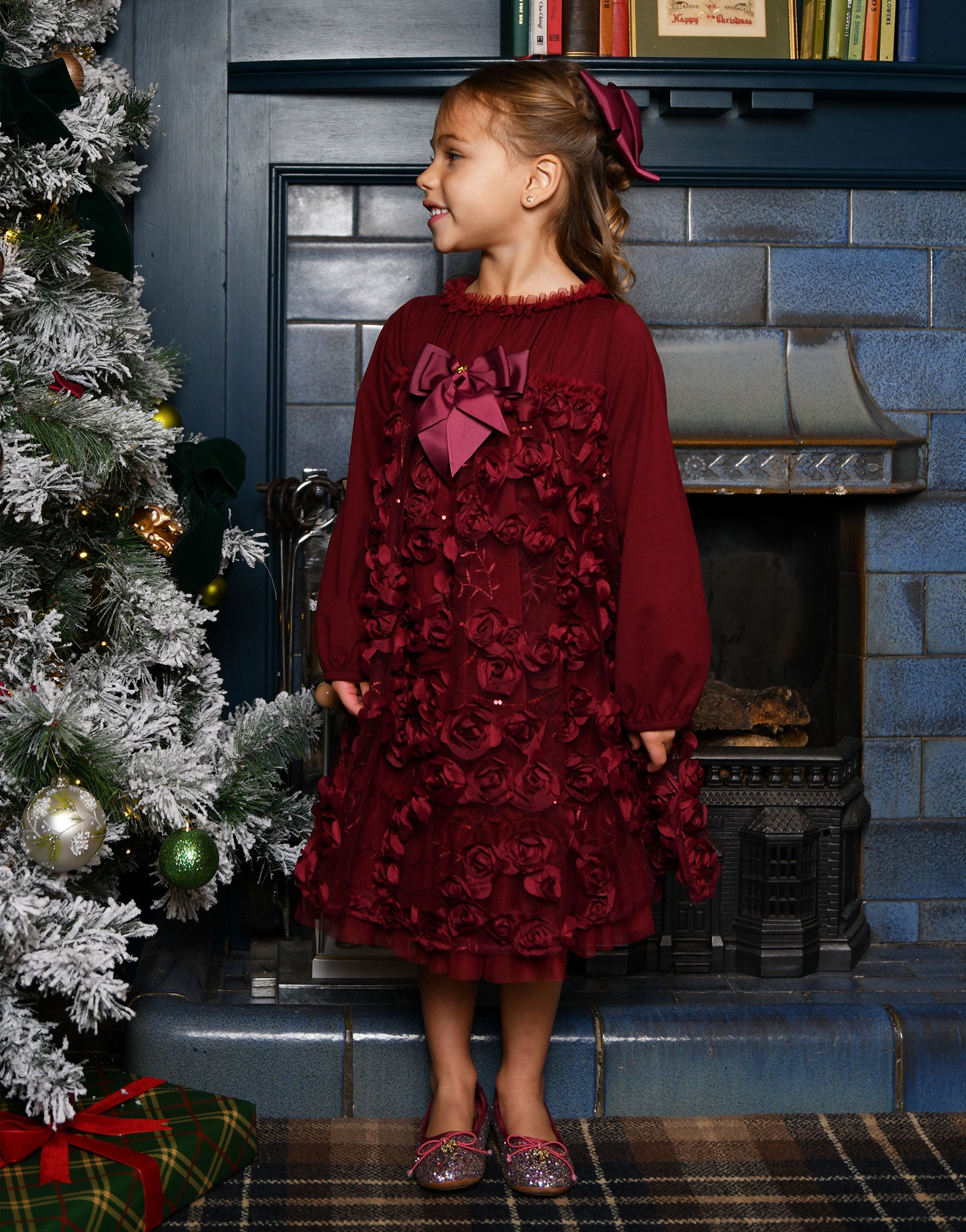 Margot Sequin Trim And 3D Flower L/S Dress Port