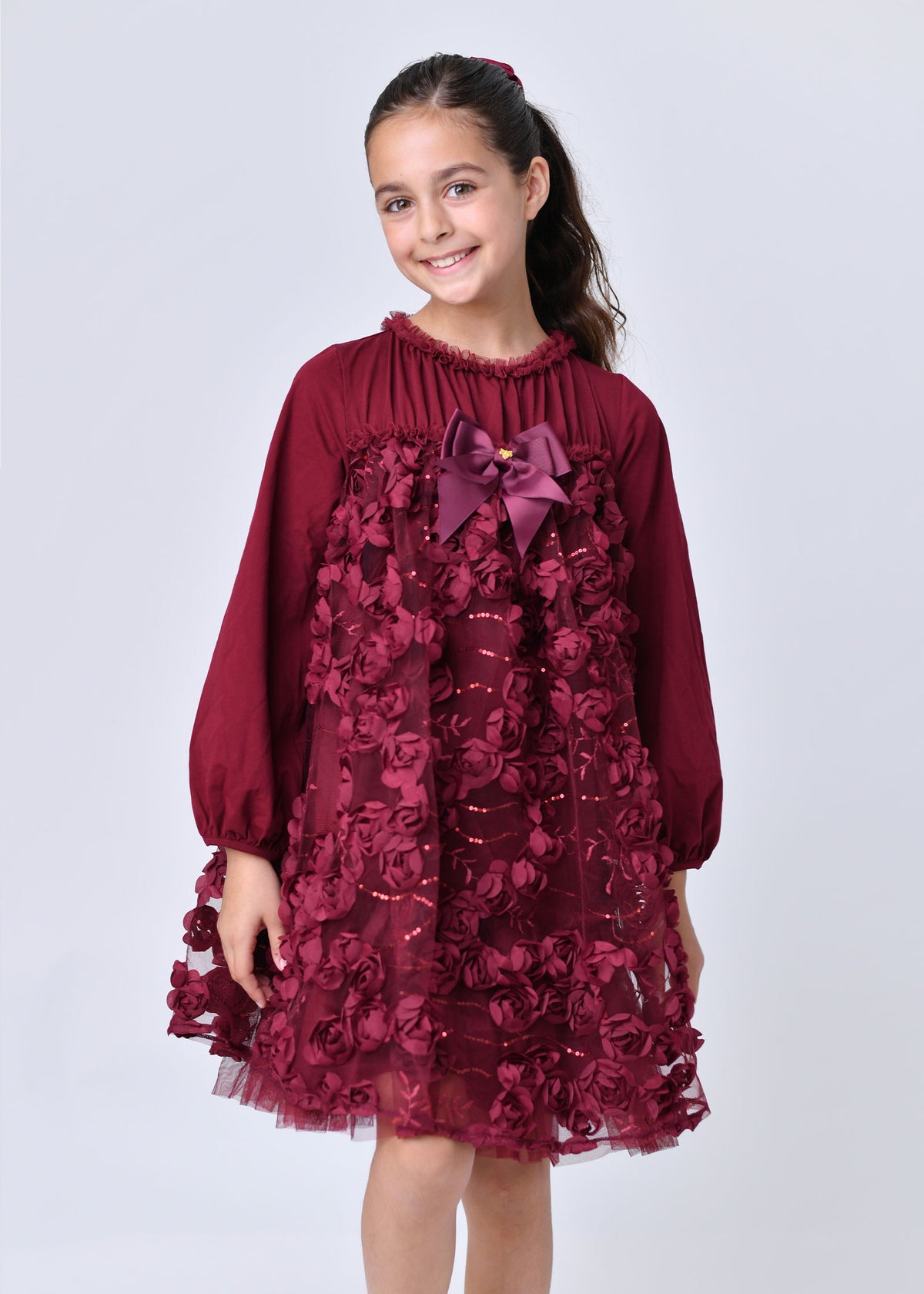 Margot Sequin Trim And 3D Flower L/S Dress Port