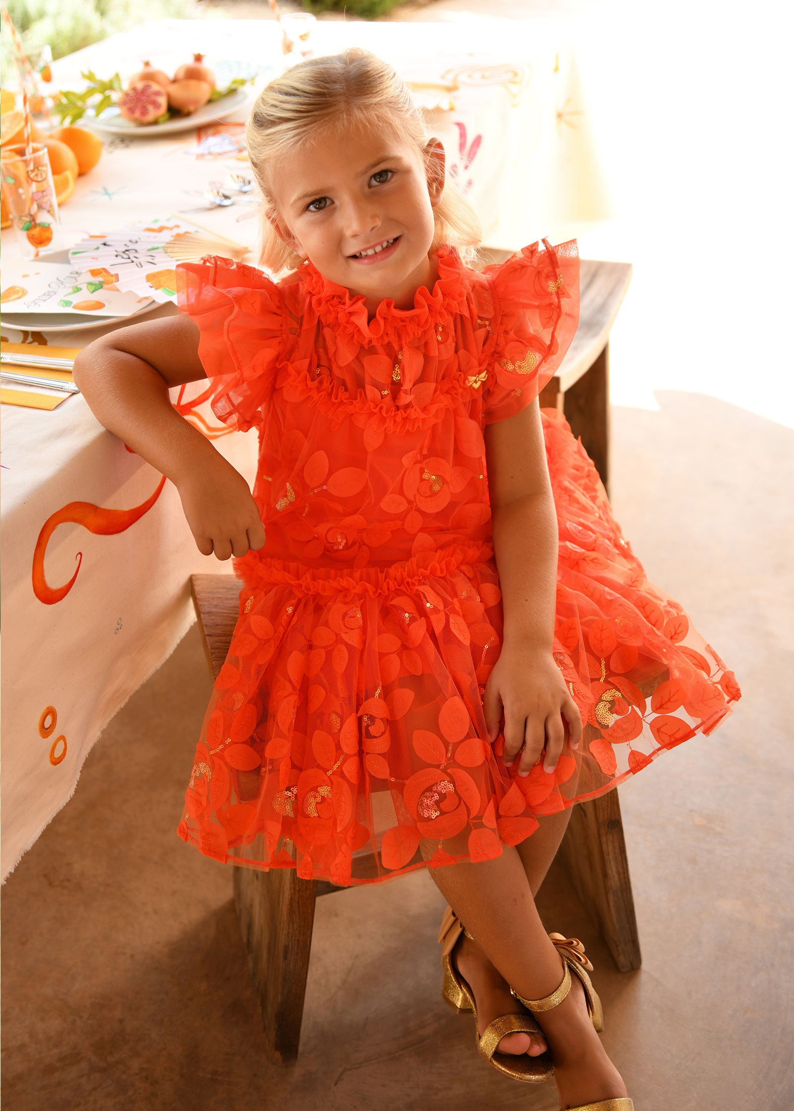 Marietta Embroidered Tulle Dress Tangerine