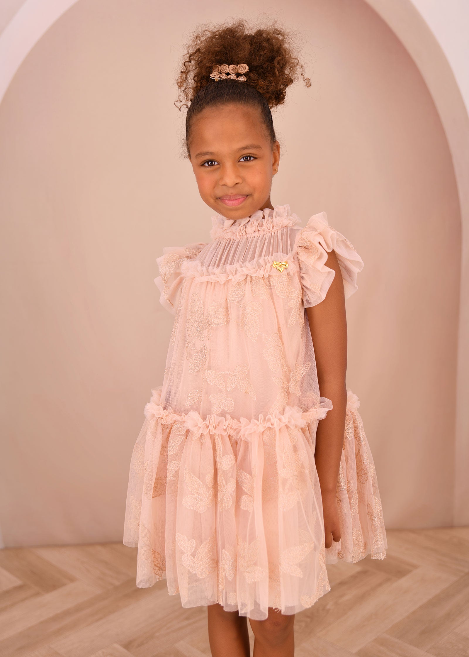 Marietta Embroidered Leaf Tulle Dress Champagne