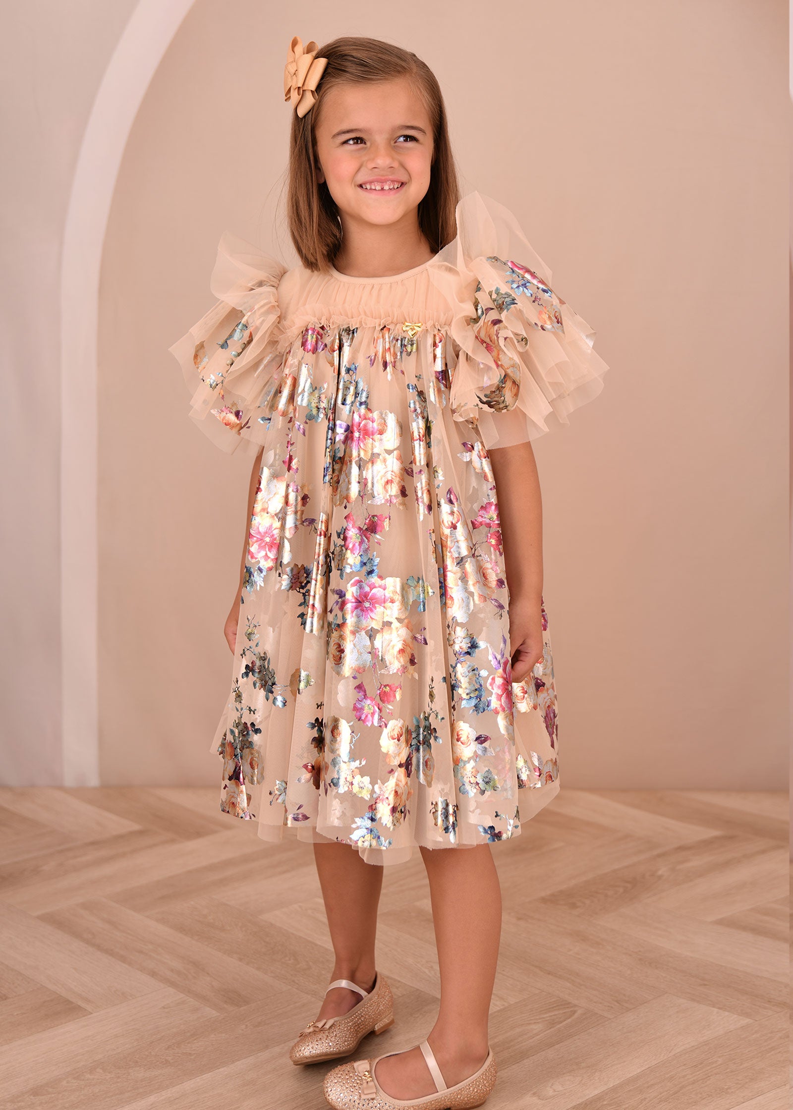 Marlowe Foil Floral Print Dress Gold