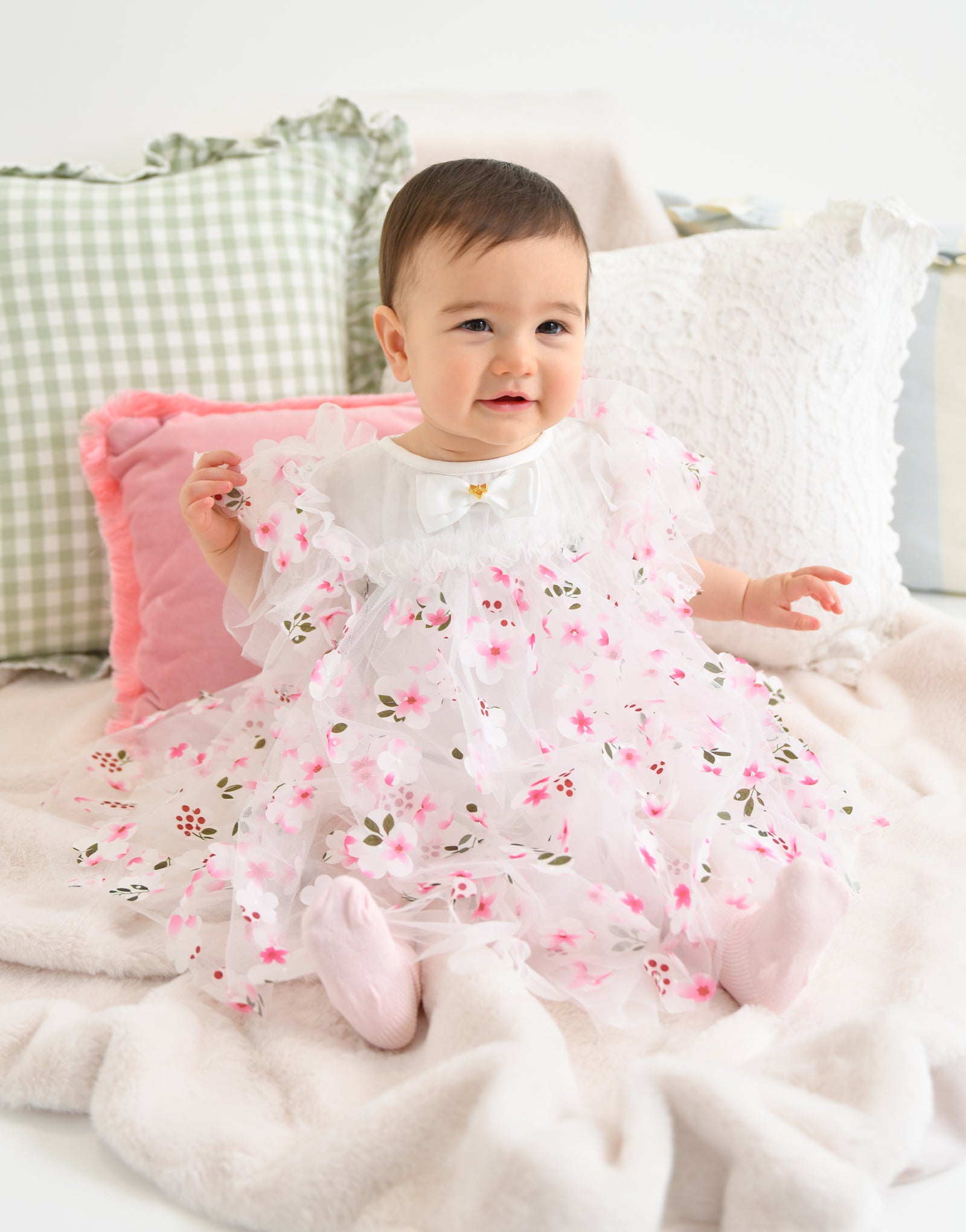 Marlowe Petal Tulle Baby Dress Snowdrop/Pink