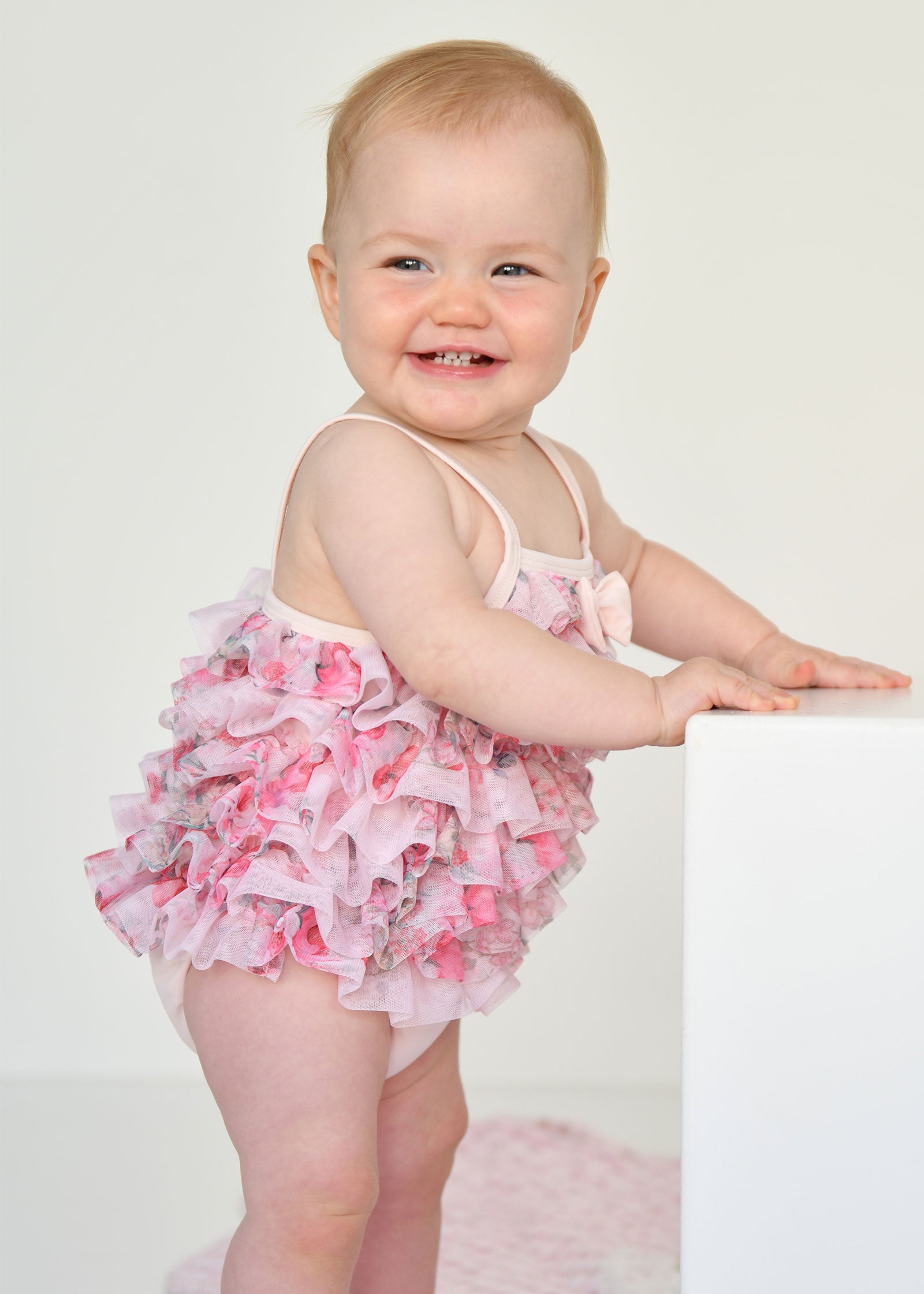 Minnow Posy Print Tulle Baby Swimsuit Pink