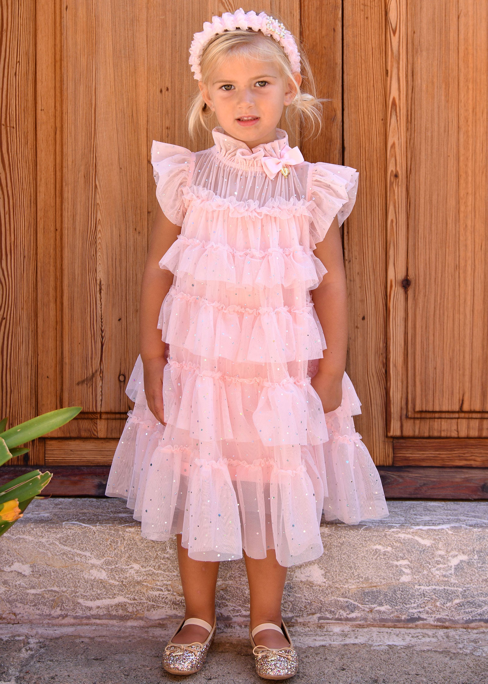 strapless open back dress Mitzi Sparkle Tiered Dress Pale Pink – Angel's Face