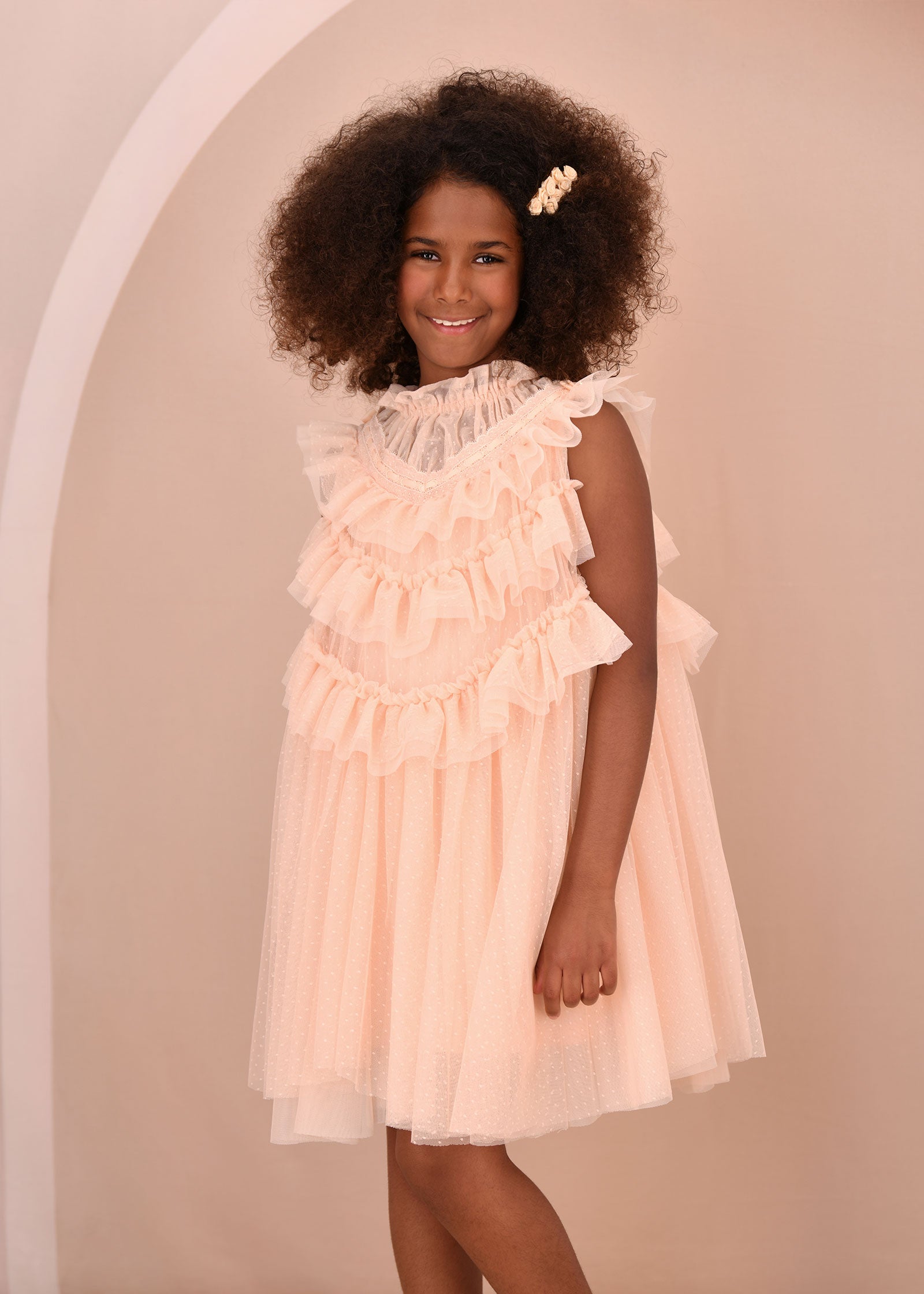 Morena Ribbon Ruffle Tulle Dress Champagne