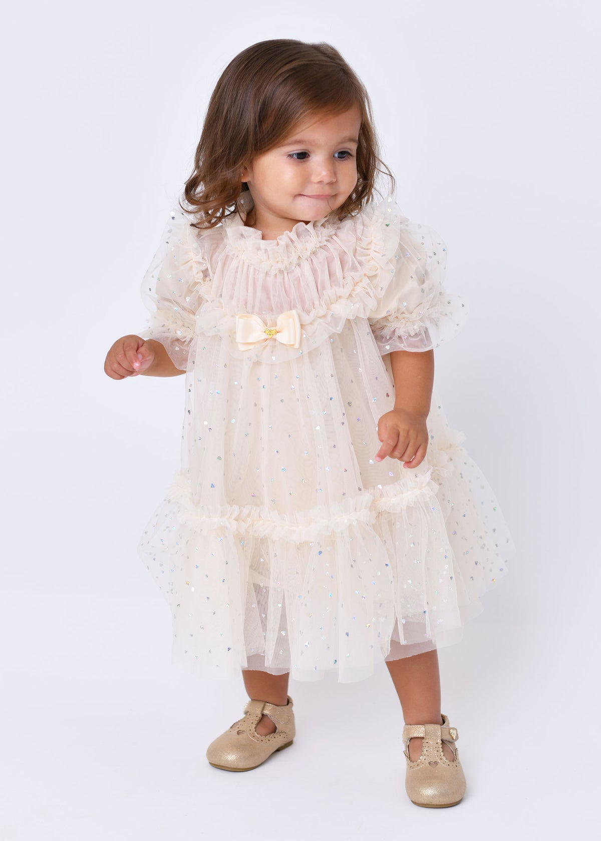 Myrtisa Holographic Heart Baby Dress Biscuit