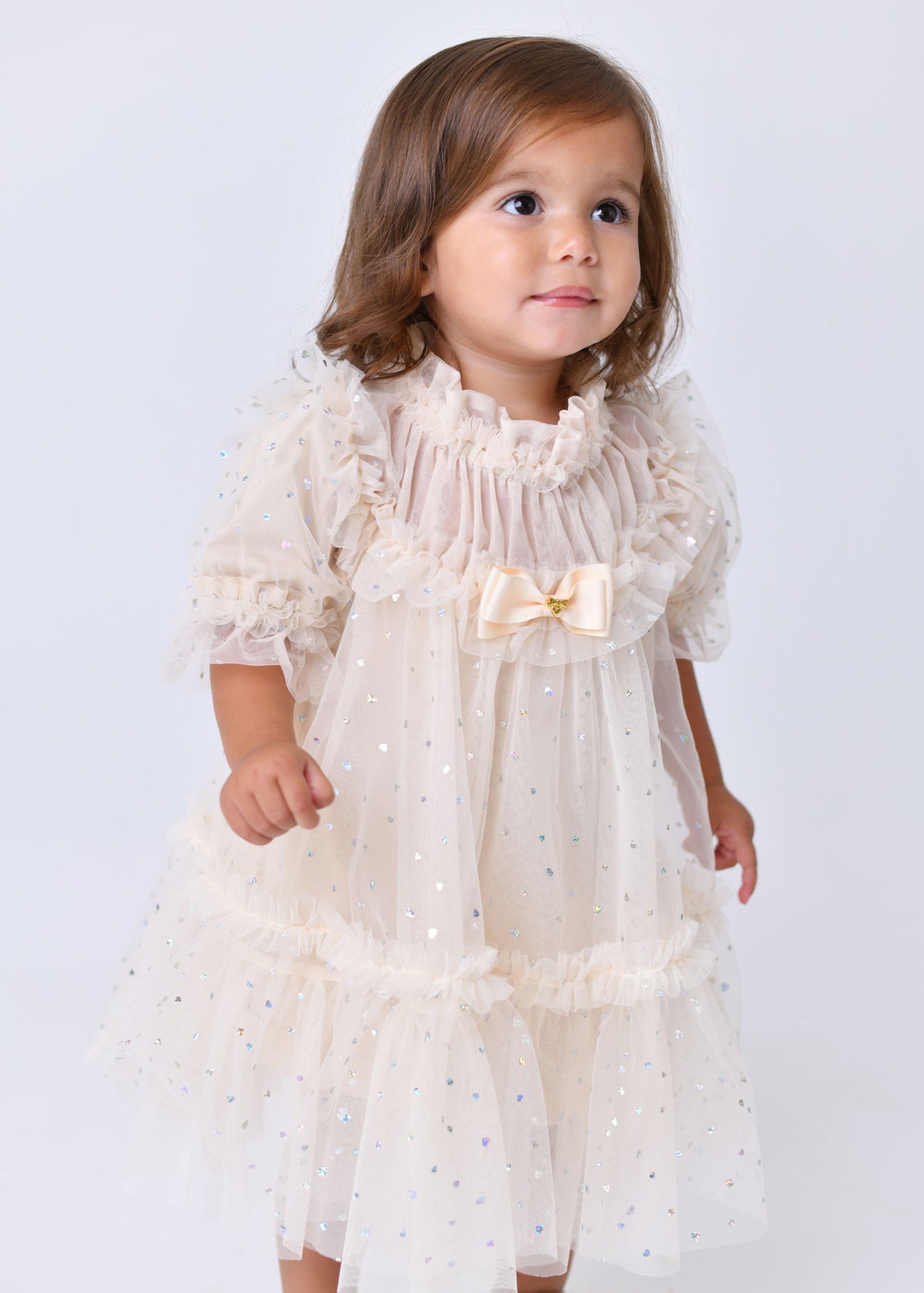 Myrtisa Holographic Heart Baby Dress Biscuit