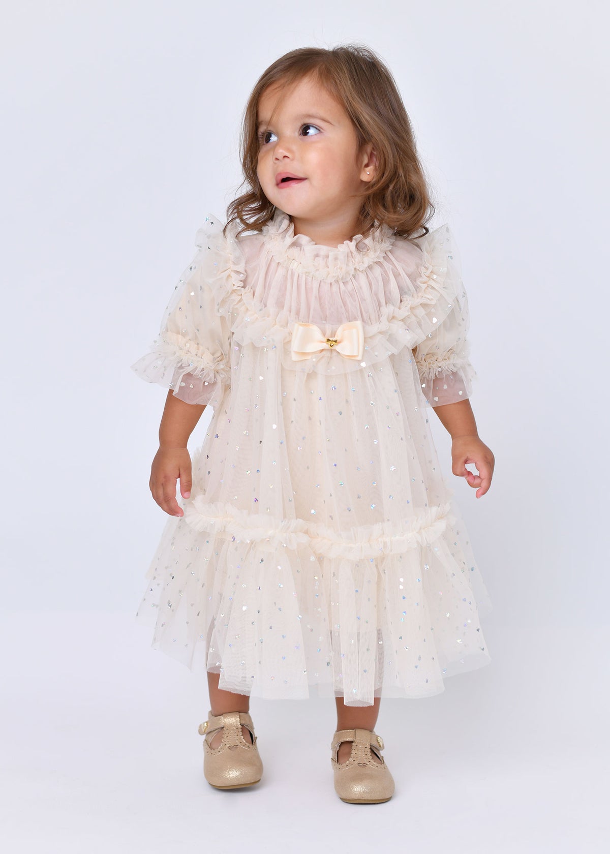 Myrtisa Holographic Heart Baby Dress Biscuit