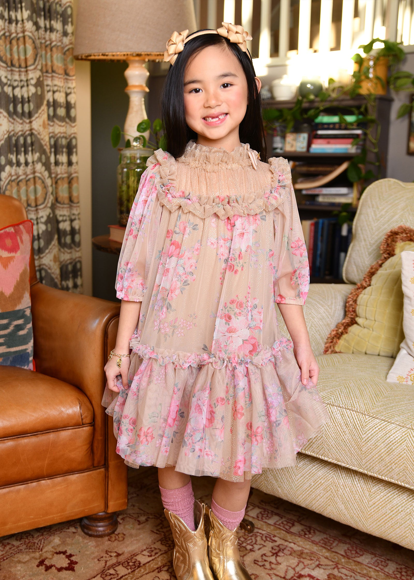 Myrtisa Flower Tulle Dress Sand