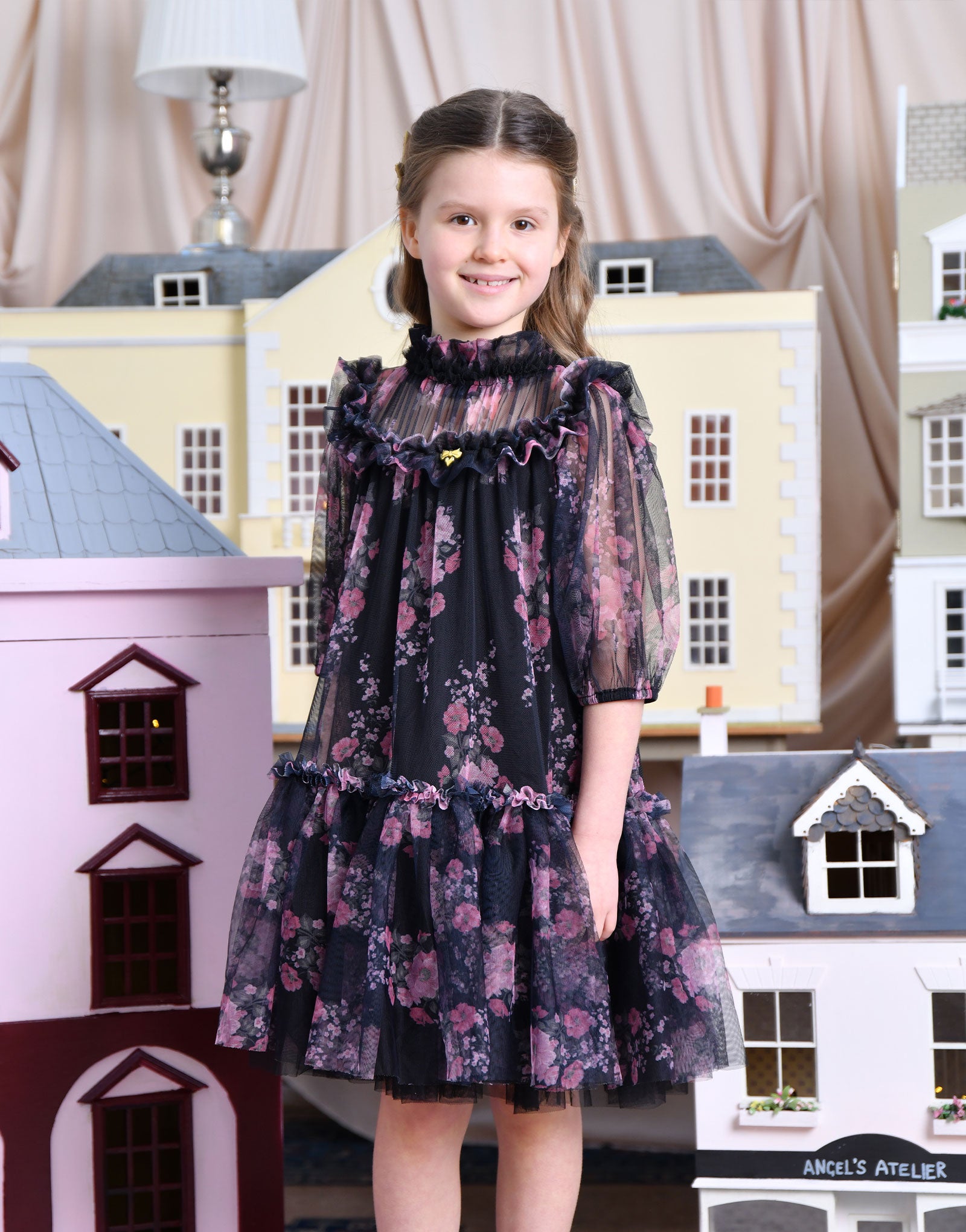 Myrtisa Sprig Flower Tulle Dress Black