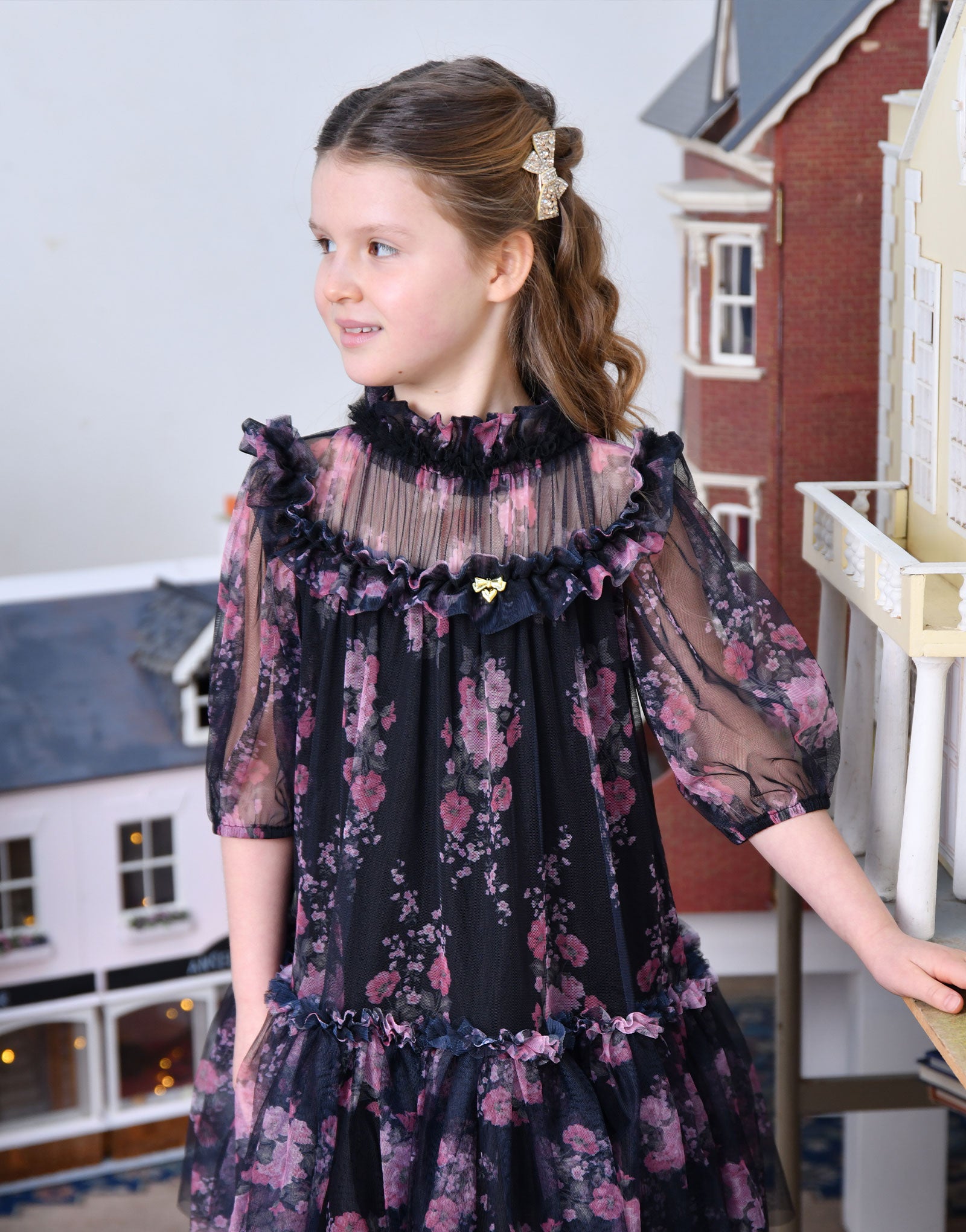 Myrtisa Sprig Flower Tulle Dress Black