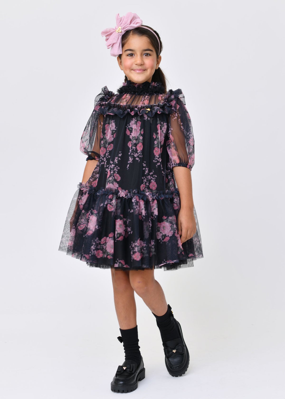 Myrtisa Sprig Flower Tulle Dress Black