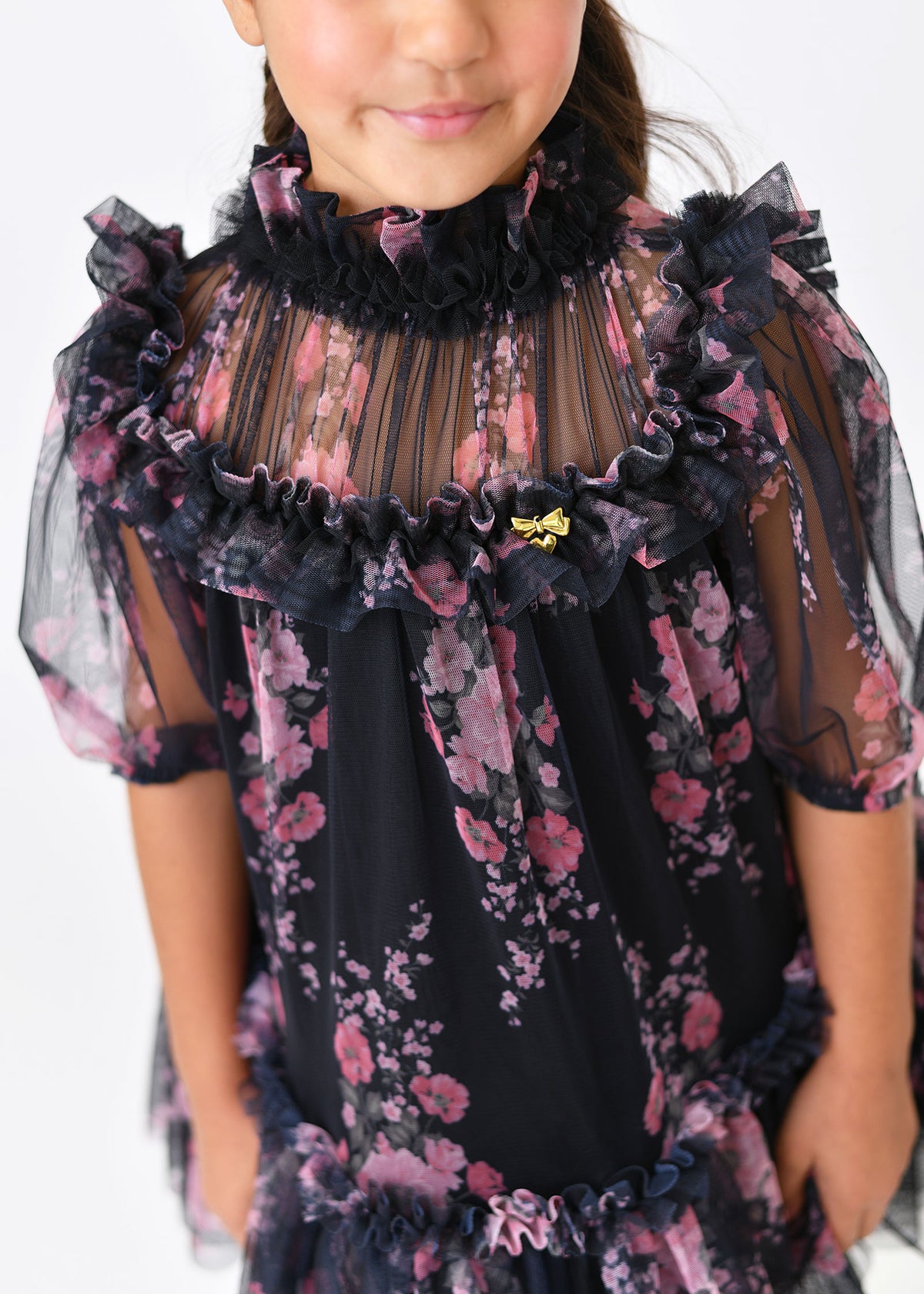 Myrtisa Sprig Flower Tulle Dress Black