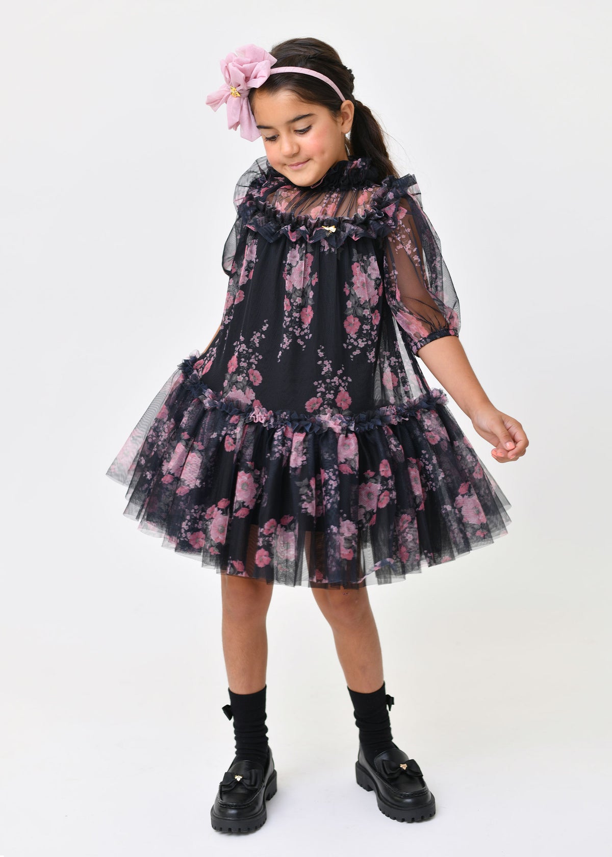 Myrtisa Sprig Flower Tulle Dress Black