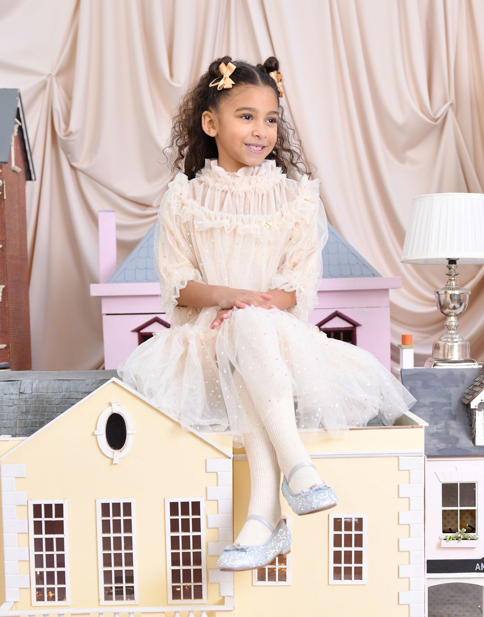 Myrtisa Holographic Heart Tulle Dress Biscuit