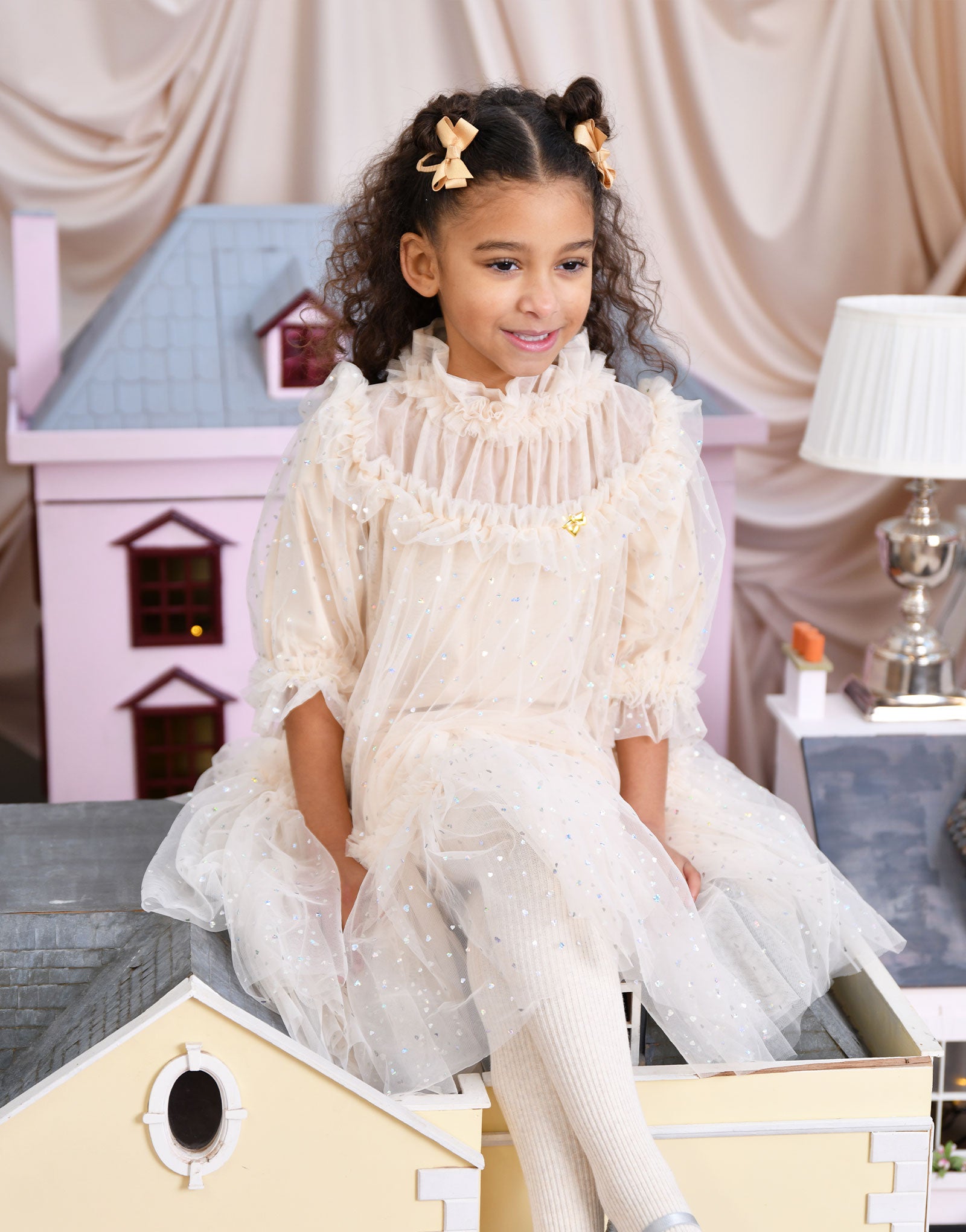 Myrtisa Holographic Heart Tulle Dress Biscuit