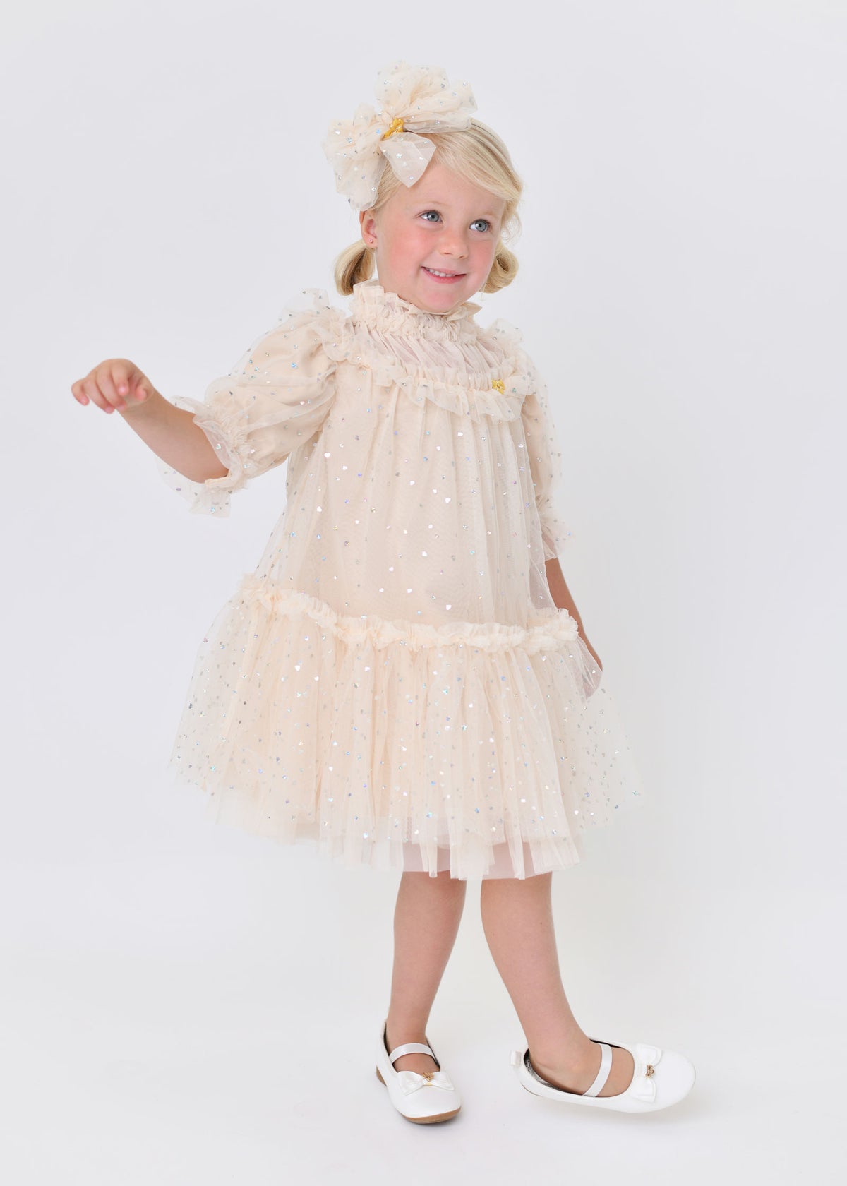 Myrtisa Holographic Heart Tulle Dress Biscuit