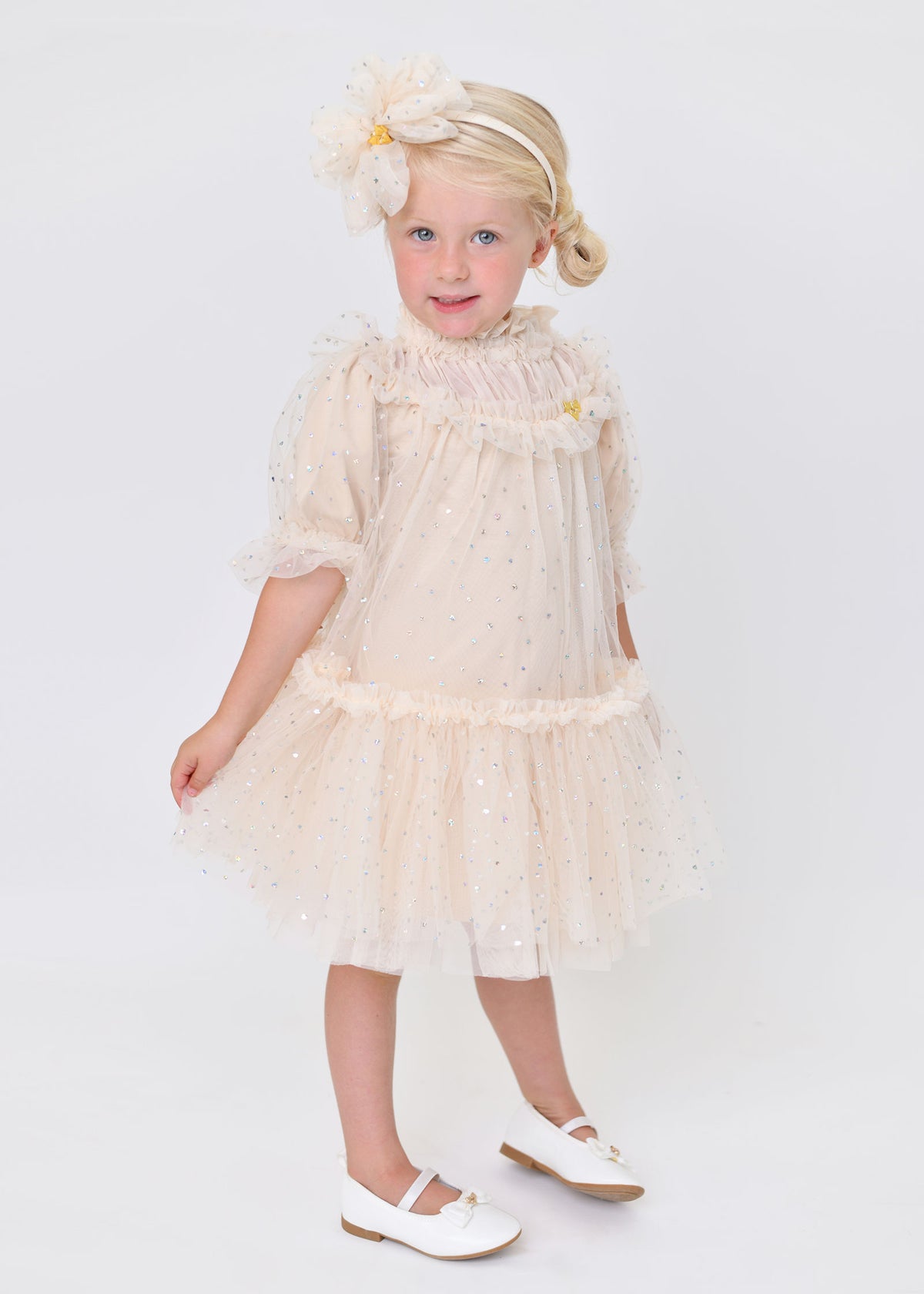 Myrtisa Holographic Heart Tulle Dress Biscuit