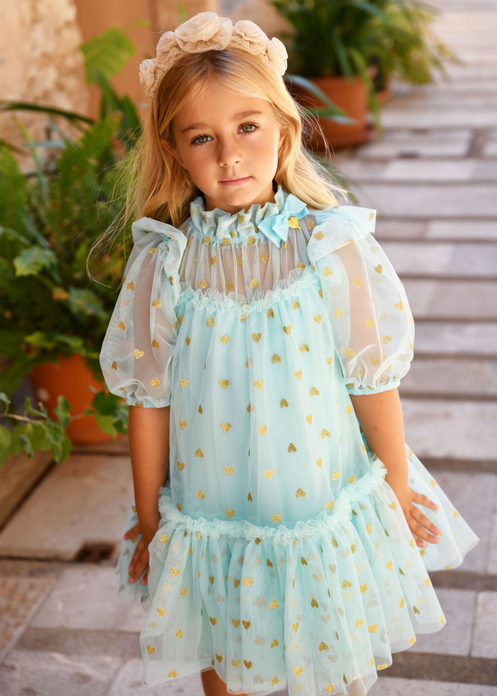 Angel's Face - Myrtle Gold Hearts Tulle Dress Aqua - Designer Children's Clothing Angel's Face - Myrtle Gold Hearts Tulle Dress Aqua - Designer Children's Clothing