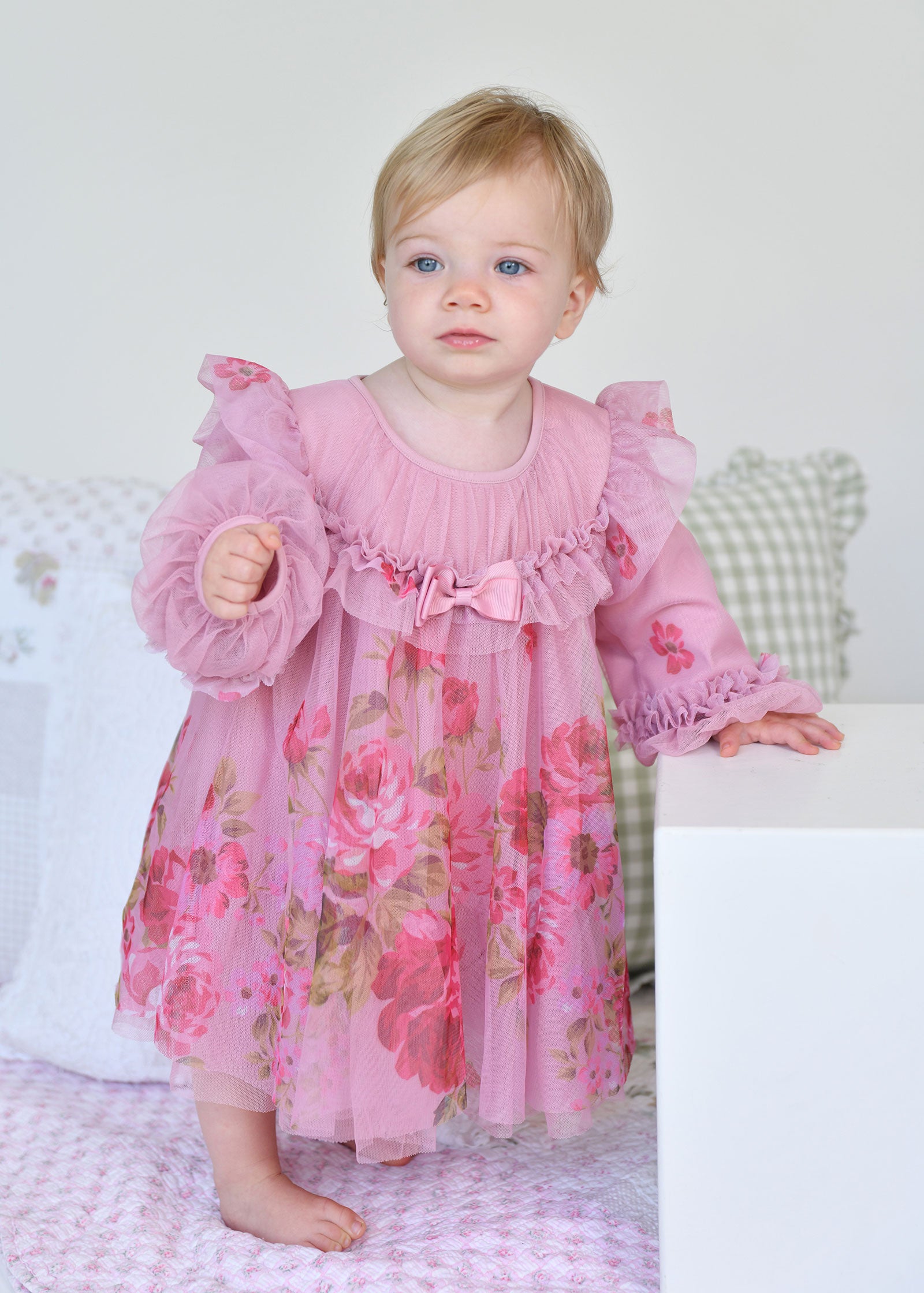 Nadiya Baby Boarder Print Dress Tea Rose