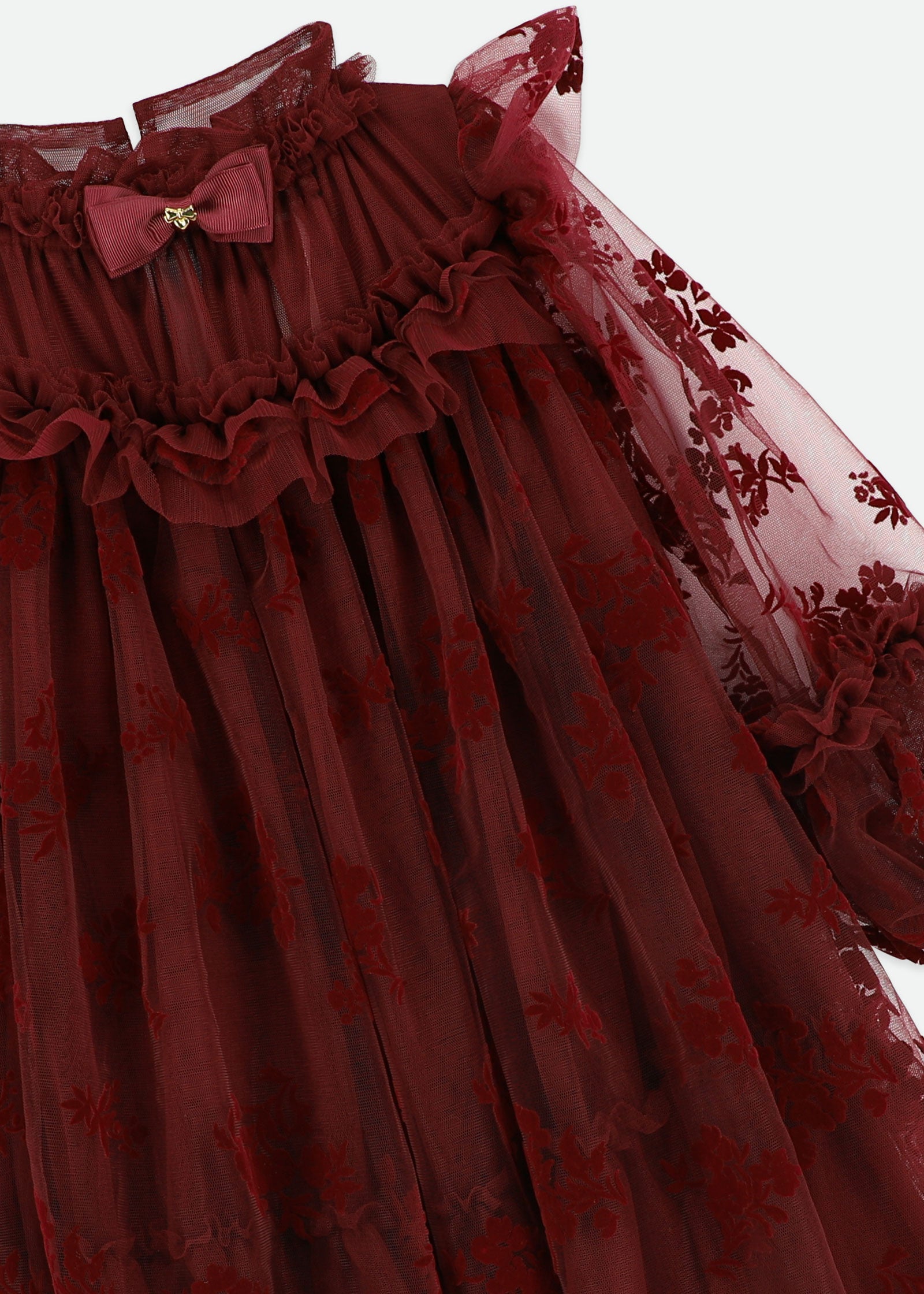 Nadiya Flock Flower Tulle Dress Burgunday