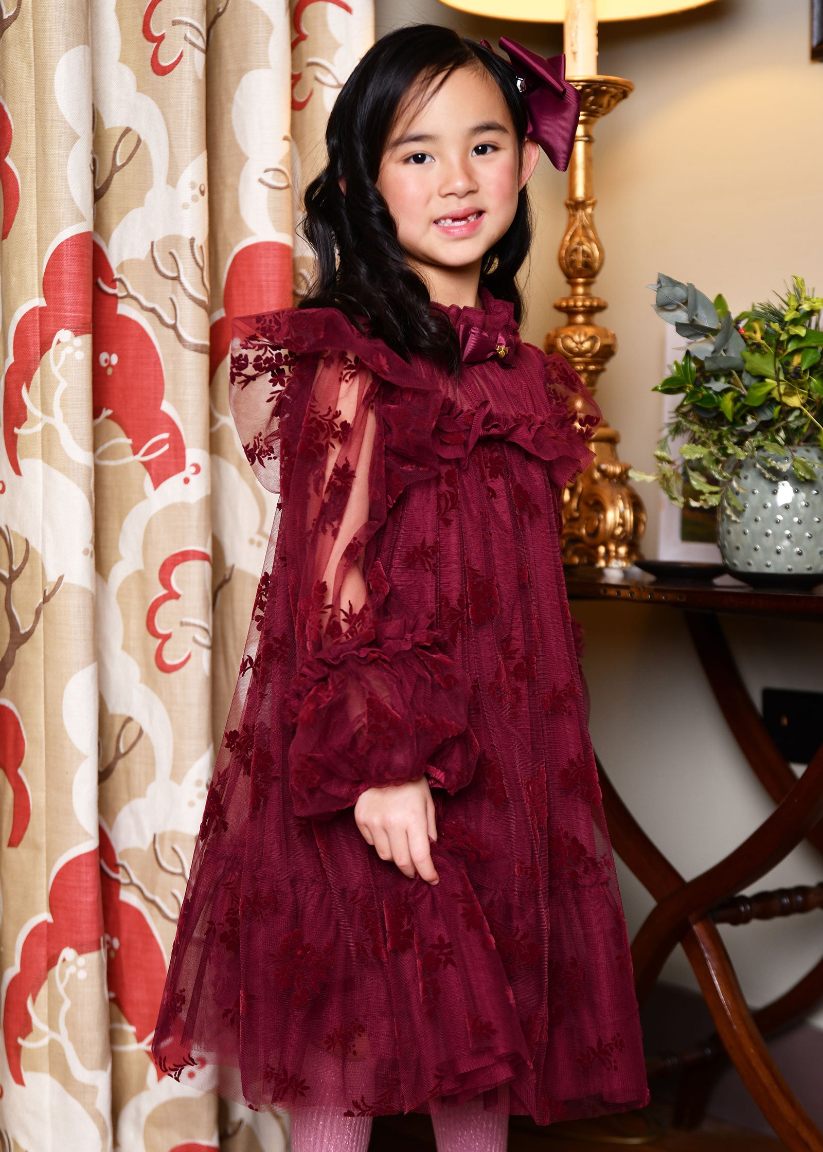 Nadiya Flock Flower Tulle Dress Burgunday